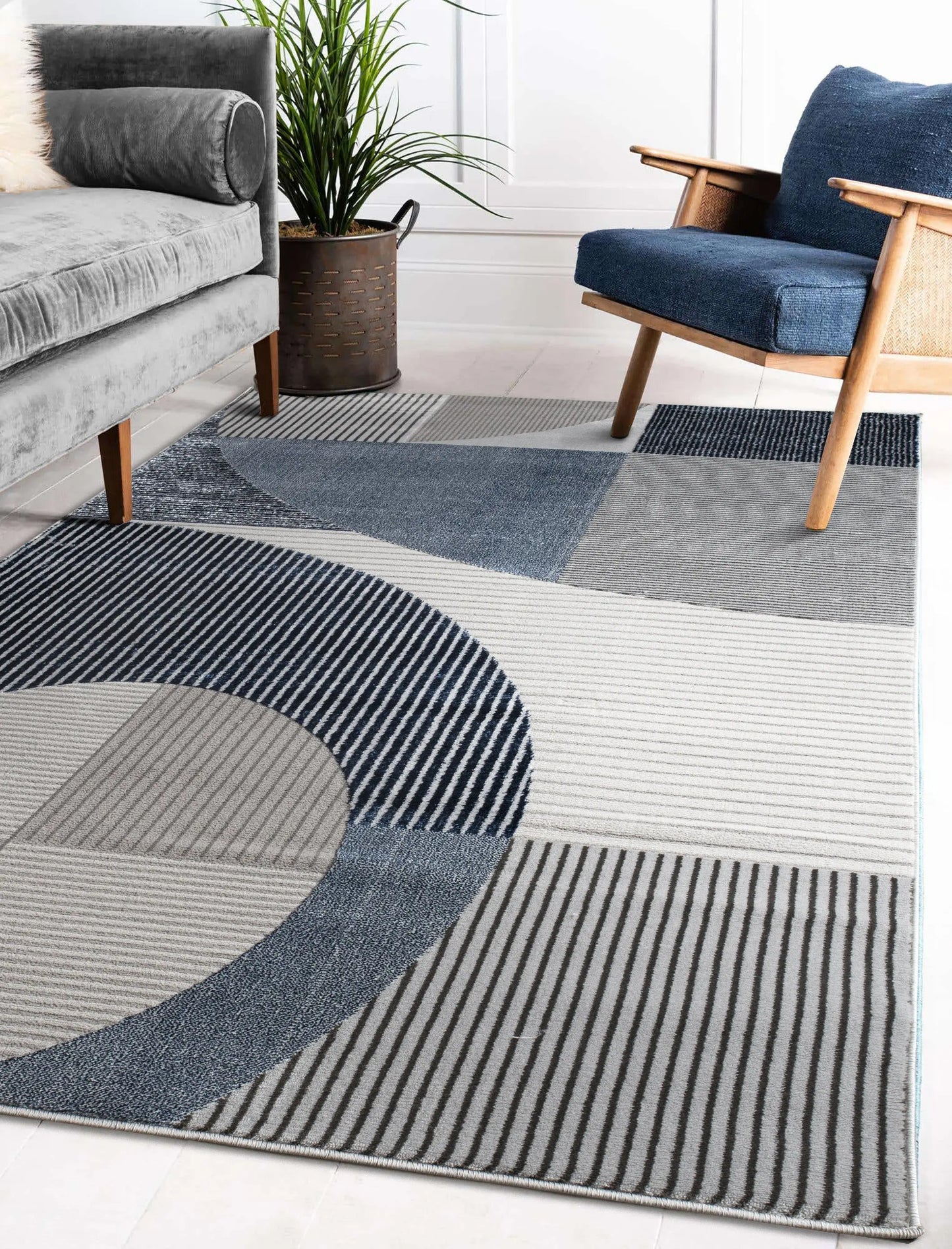 Blue Grey Geometric Living Room Bedroom Area Rug LaDole Rugs