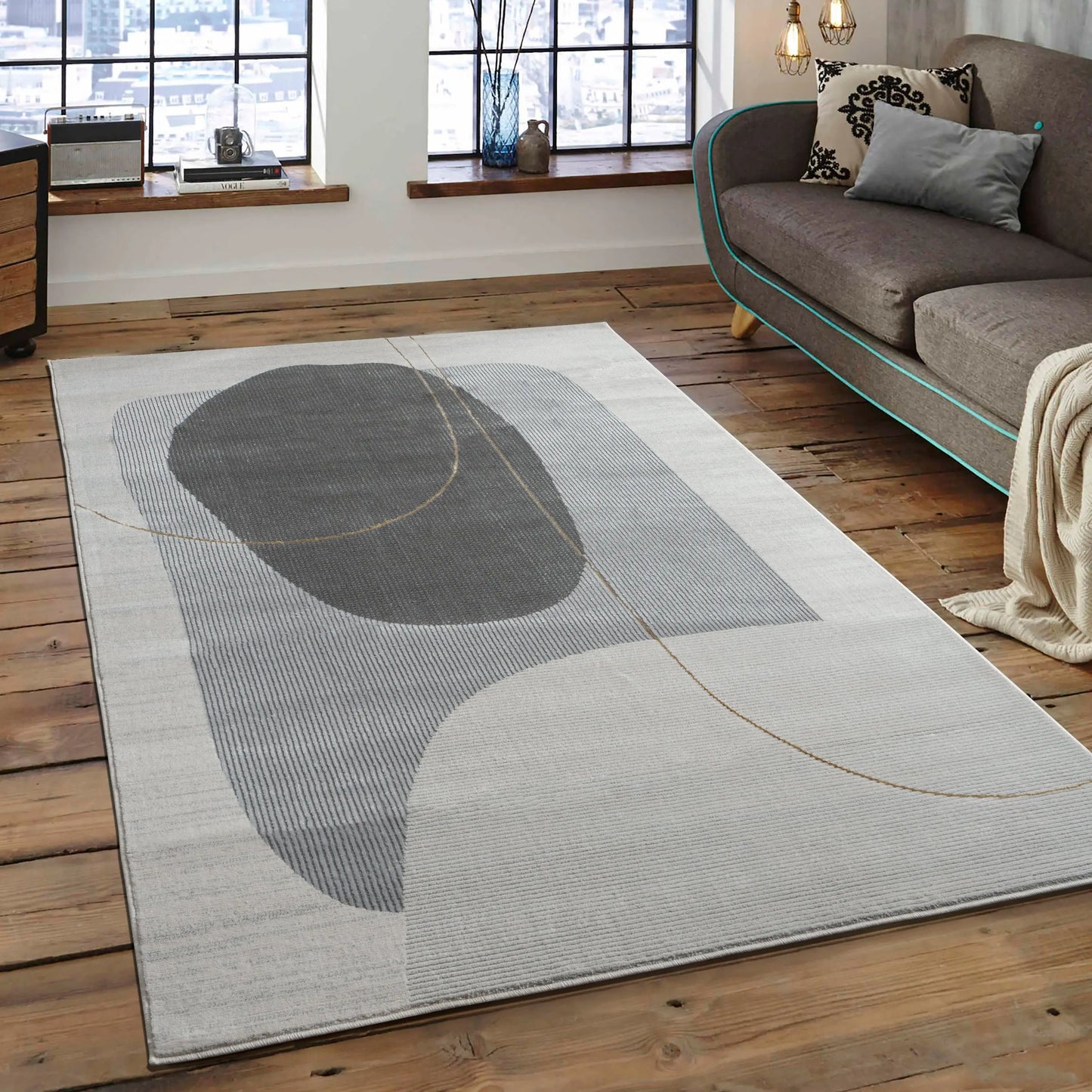 Gold Grey Geometric Modern Living Room Bedroom Area Rug LaDole Rugs