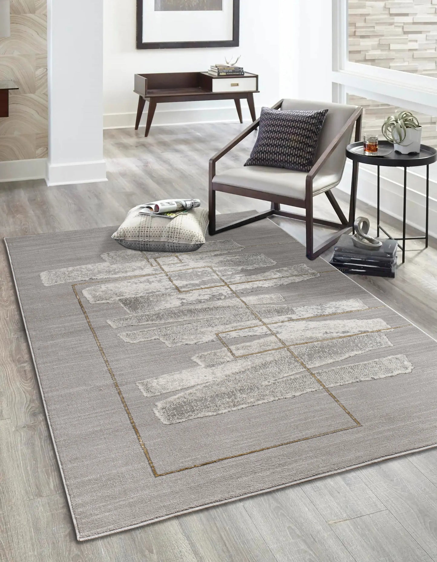 Gold Grey Abstract Modern Living Room Bedroom Area Rug LaDole Rugs