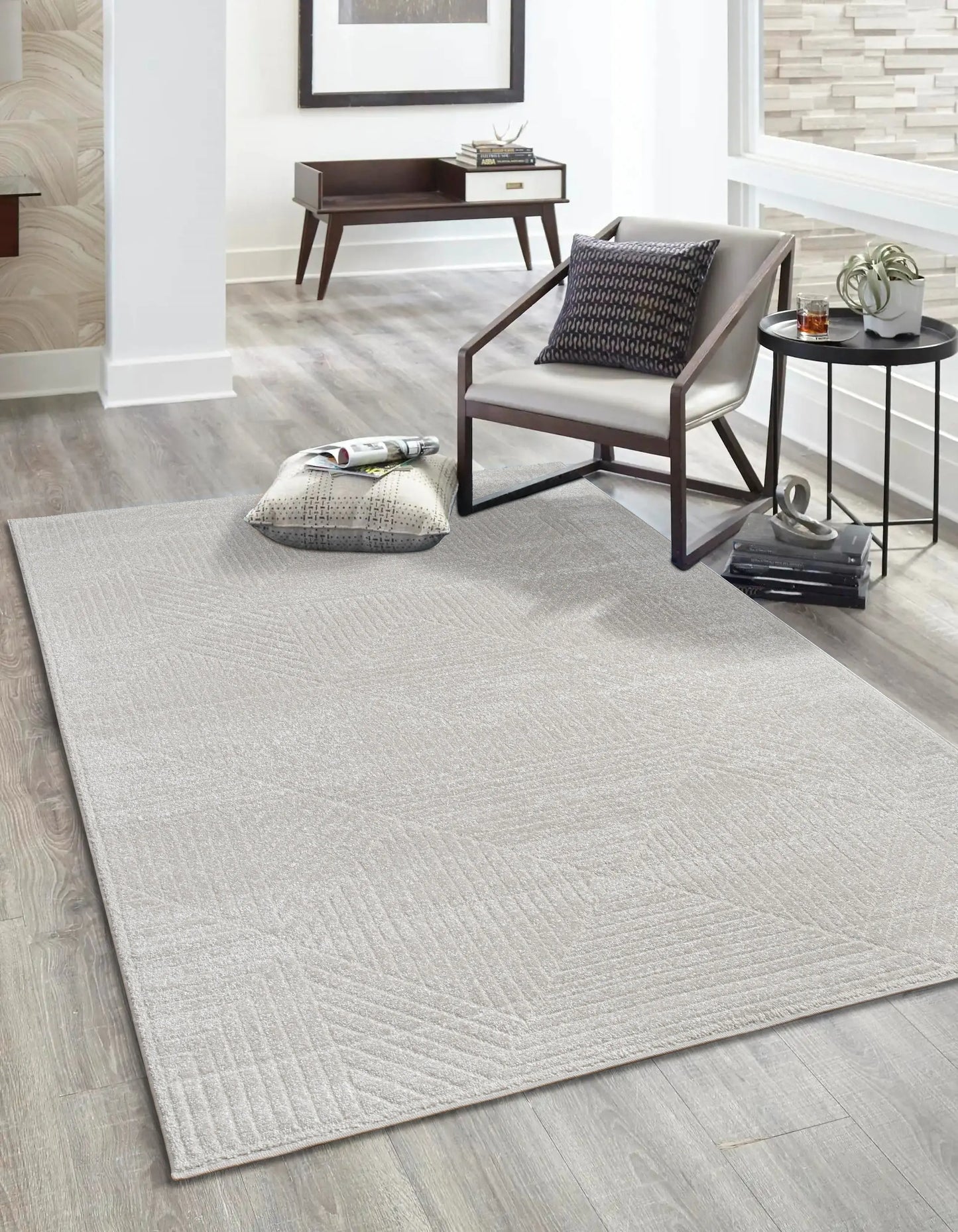 Ivory Grey Textured Geometric Living Room Bedroom Area Rug LaDole Rugs