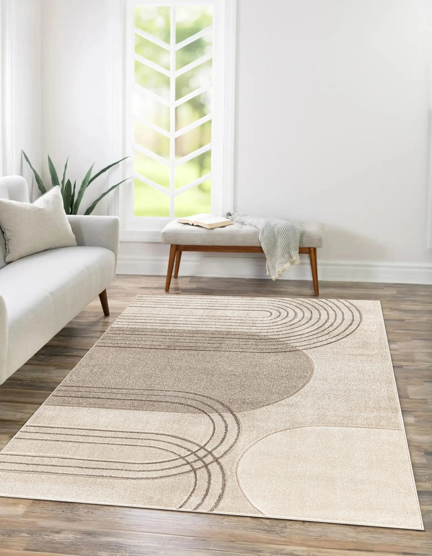 Cream Beige Textured Geometric Contemporary Living Room Bedroom Area Rug LaDole Rugs