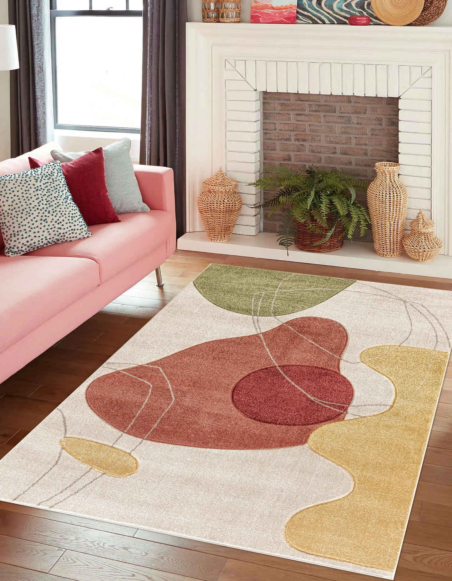 Red Mustard Green Textured Abstract Living Room Bedroom Area Rug LaDole Rugs