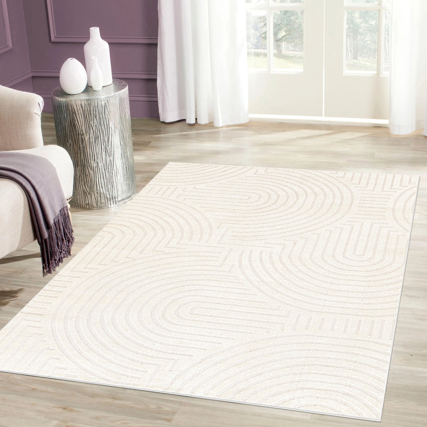 Beige Cream Textured Geometric Living Room Bedroom Area Rug LaDole Rugs