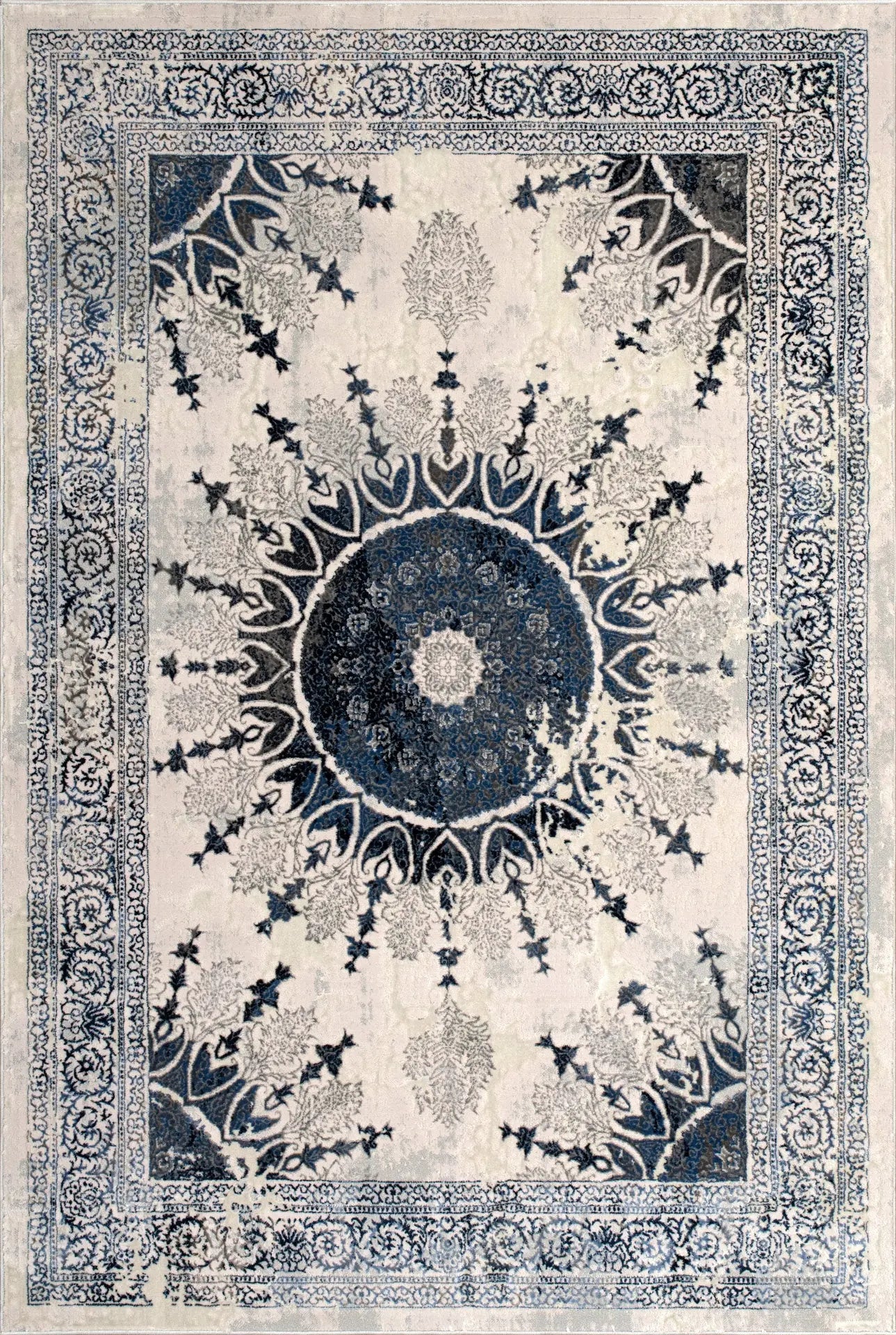 Blue Grey Ivory Traditional Bordered Living Room Bedroom Area Rug LaDole Rugs