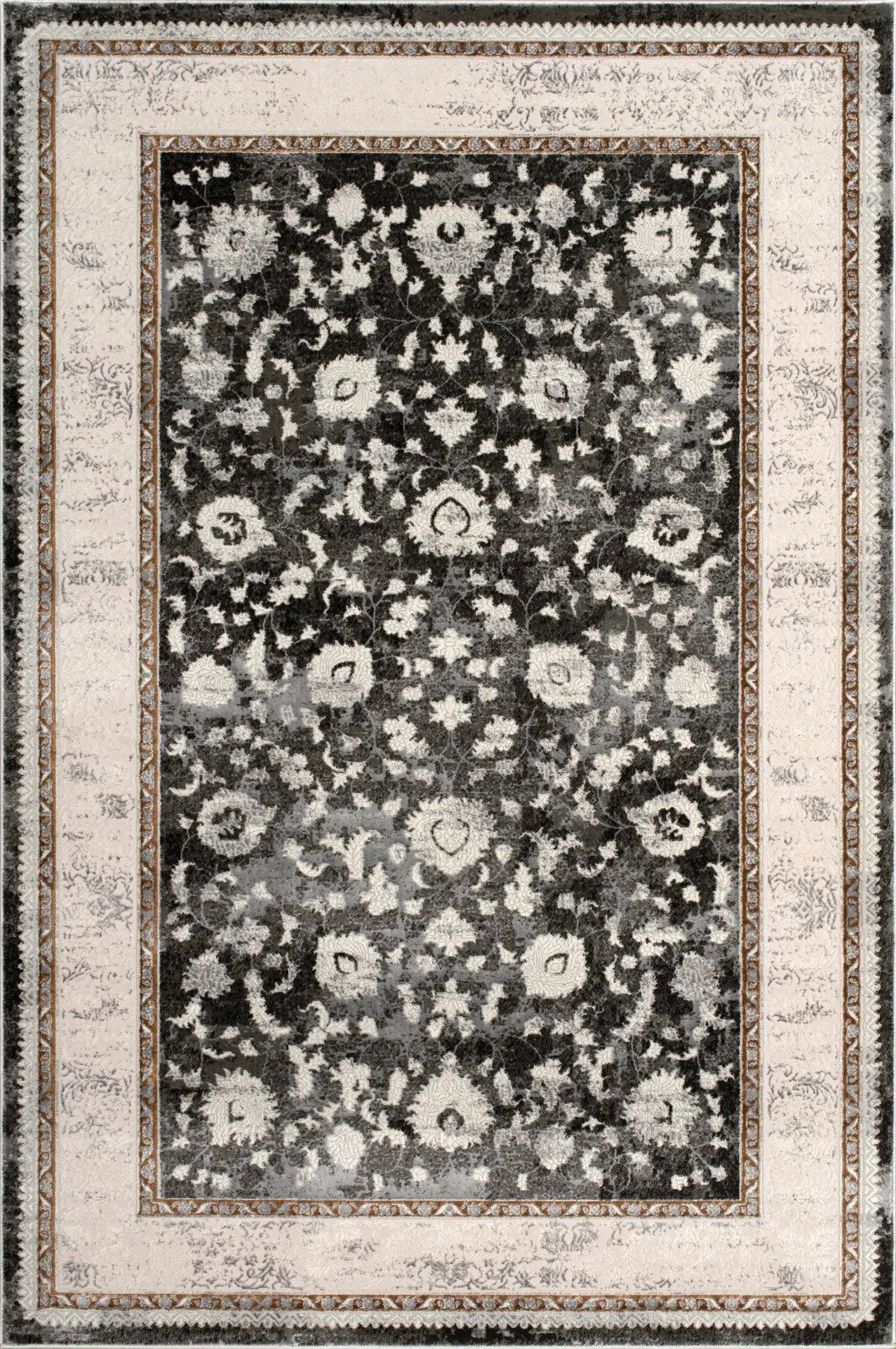 Dark Grey Ivory Traditional Bordered Living Room Bedroom Area Rug LaDole Rugs