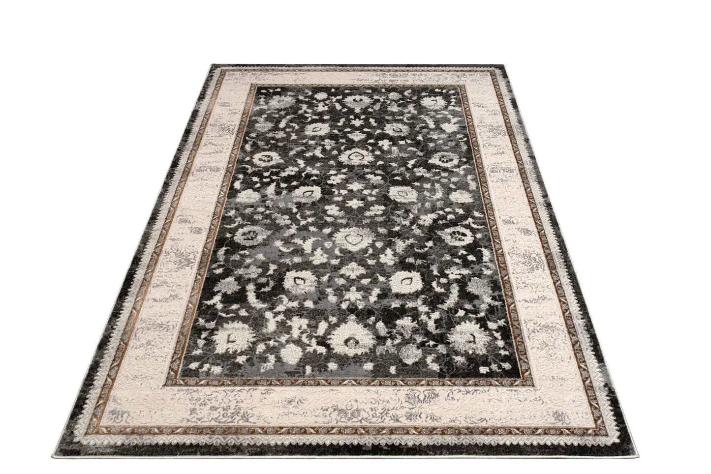 Dark Grey Ivory Traditional Bordered Living Room Bedroom Area Rug LaDole Rugs