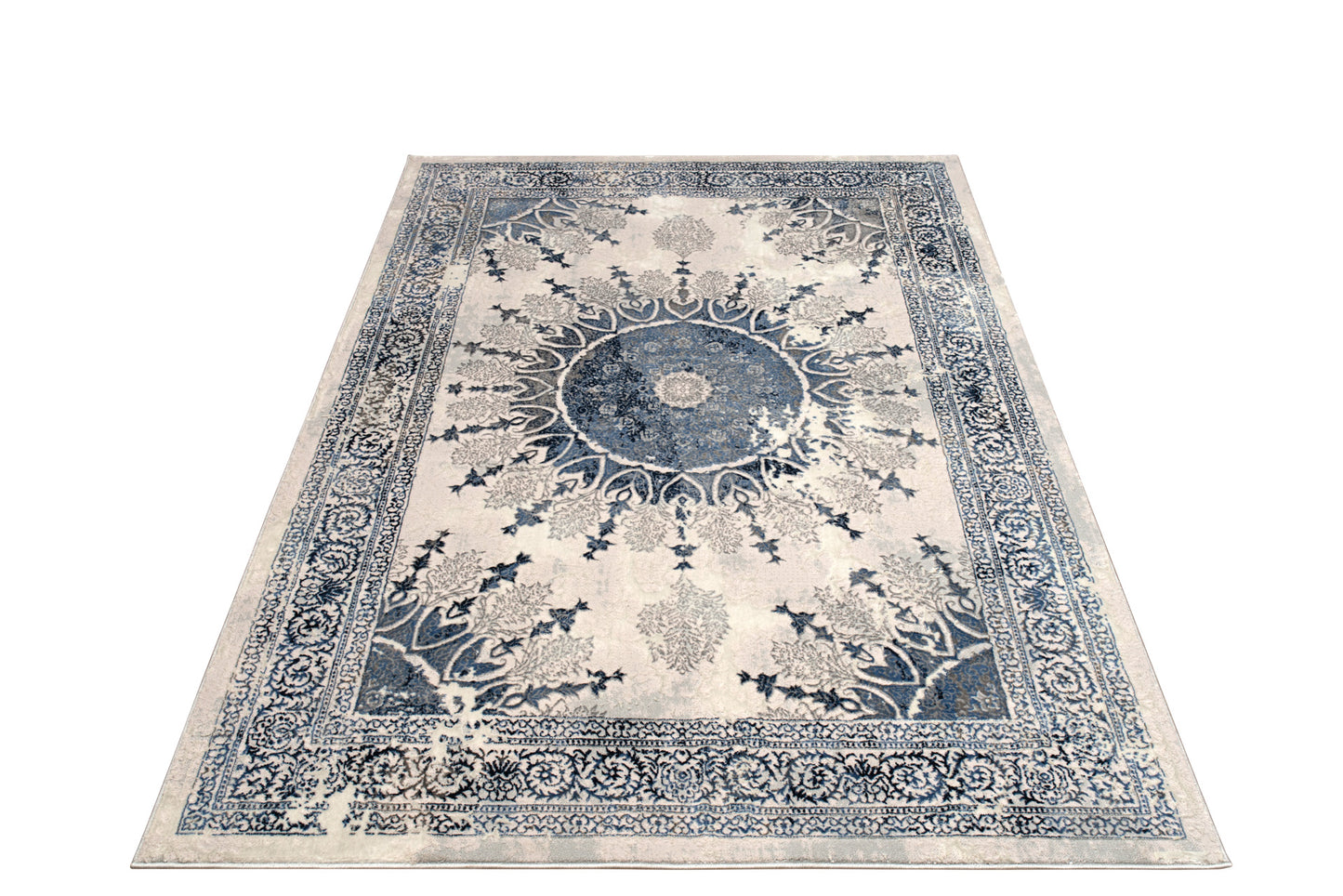 Blue Grey Ivory Traditional Bordered Living Room Bedroom Area Rug