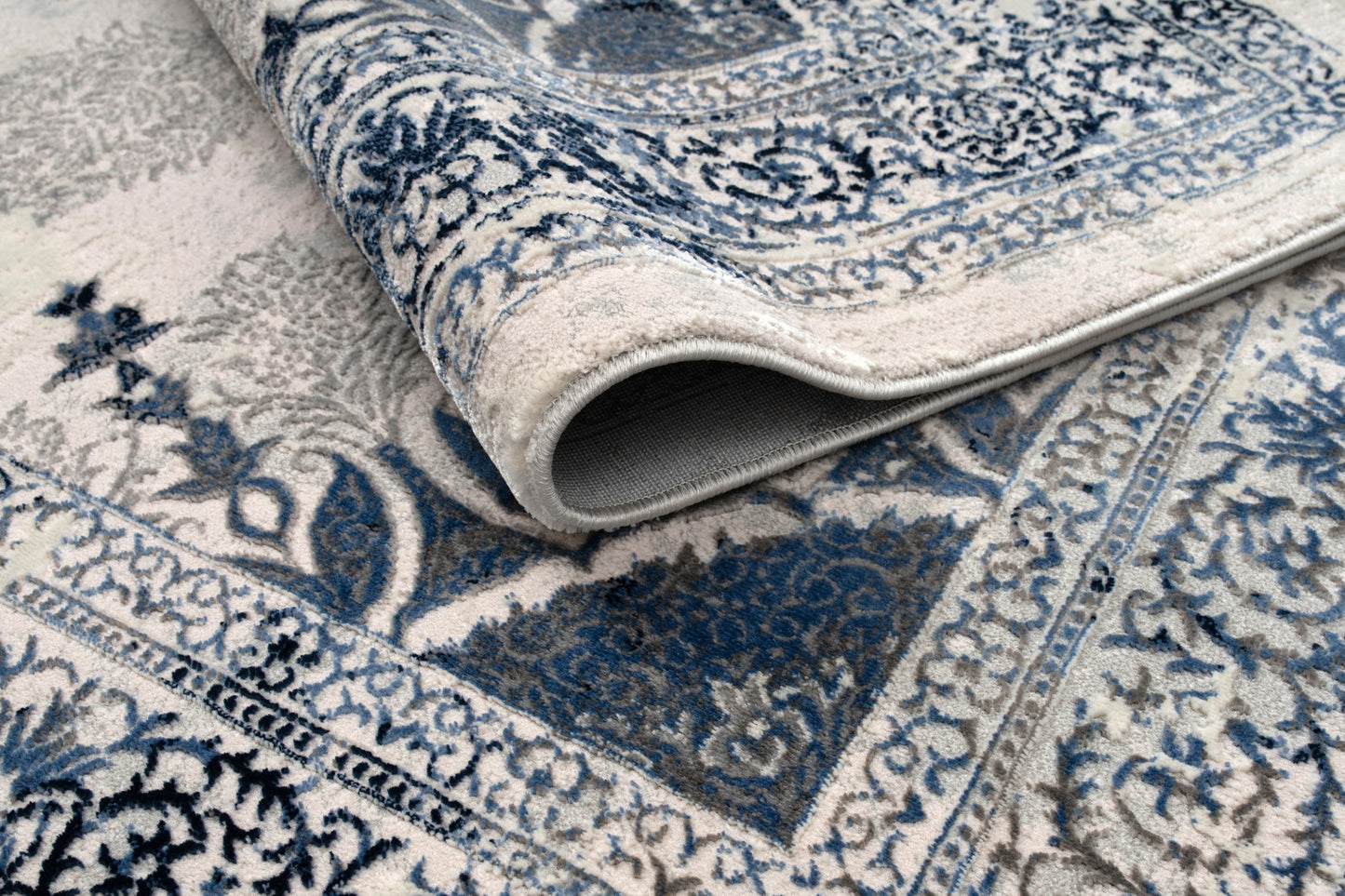 Blue Grey Ivory Traditional Bordered Living Room Bedroom Area Rug