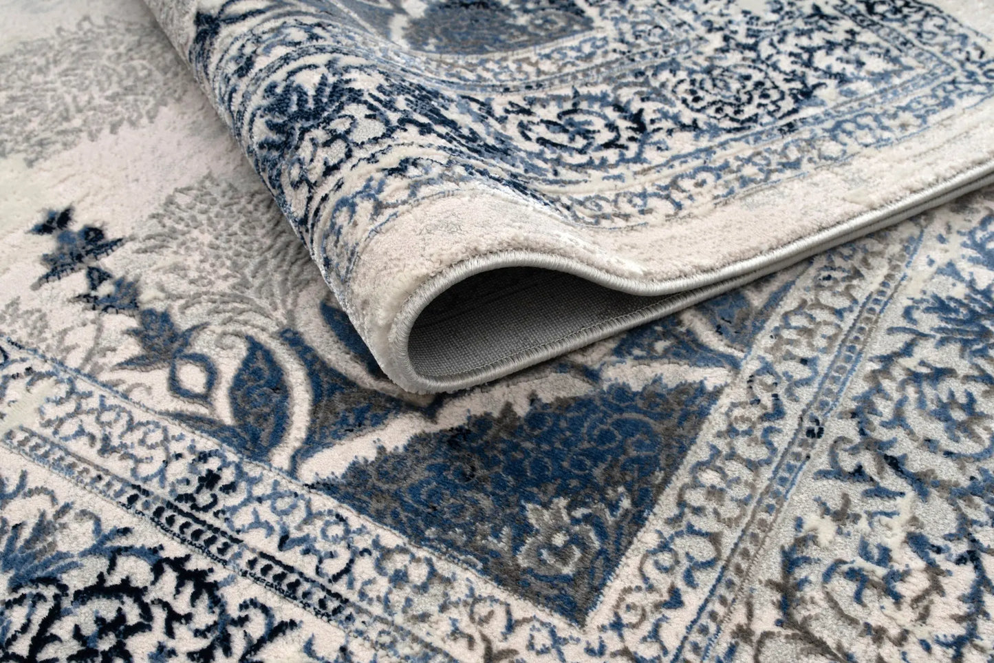 Blue Grey Ivory Traditional Bordered Living Room Bedroom Area Rug LaDole Rugs