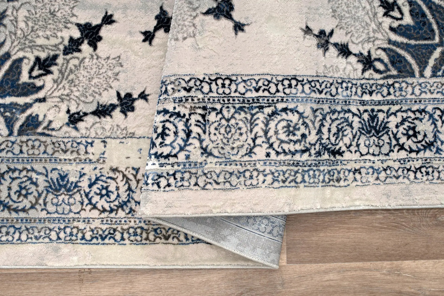 Blue Grey Ivory Traditional Bordered Living Room Bedroom Area Rug LaDole Rugs