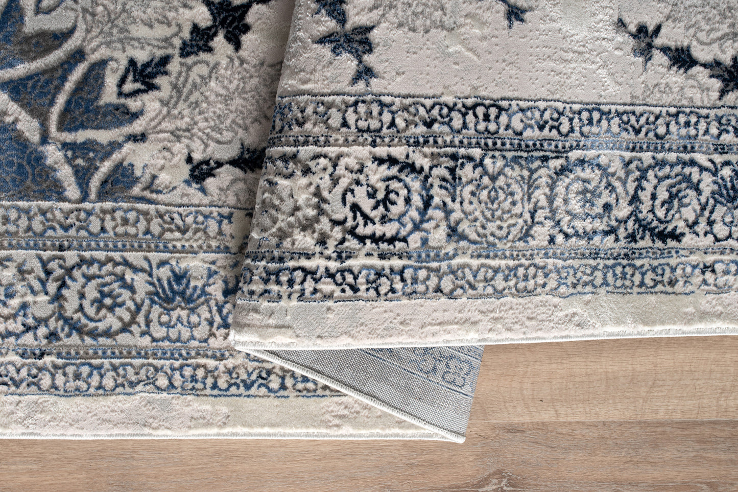 Blue Grey Ivory Traditional Bordered Living Room Bedroom Area Rug