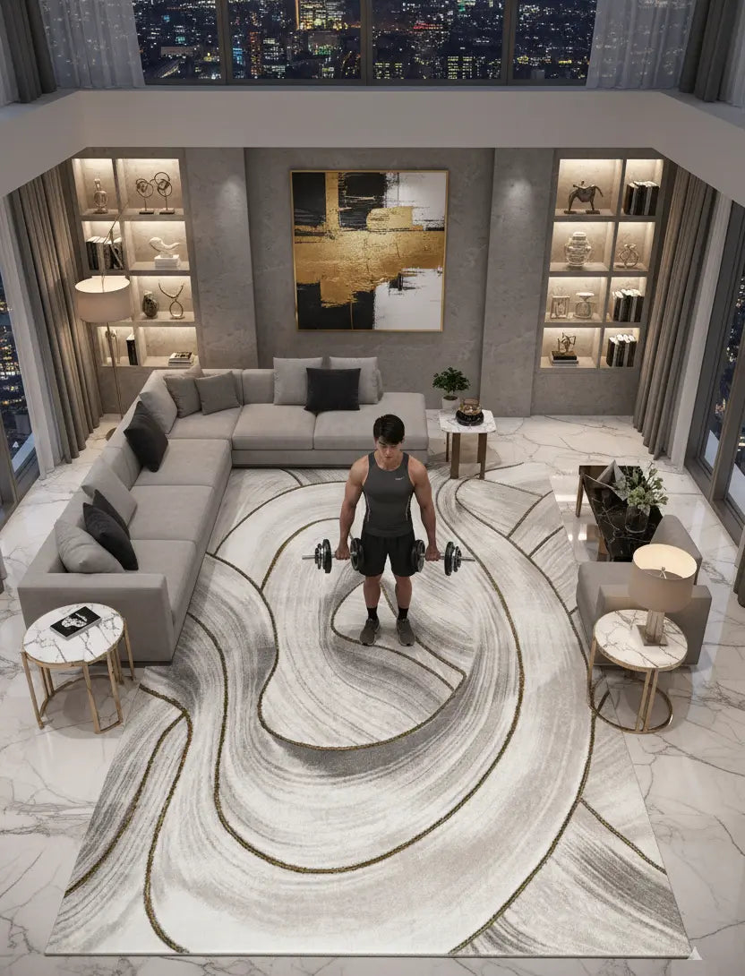 Grey Gold Abstract Luxury Modern Minimalist Contemporary Area Rug