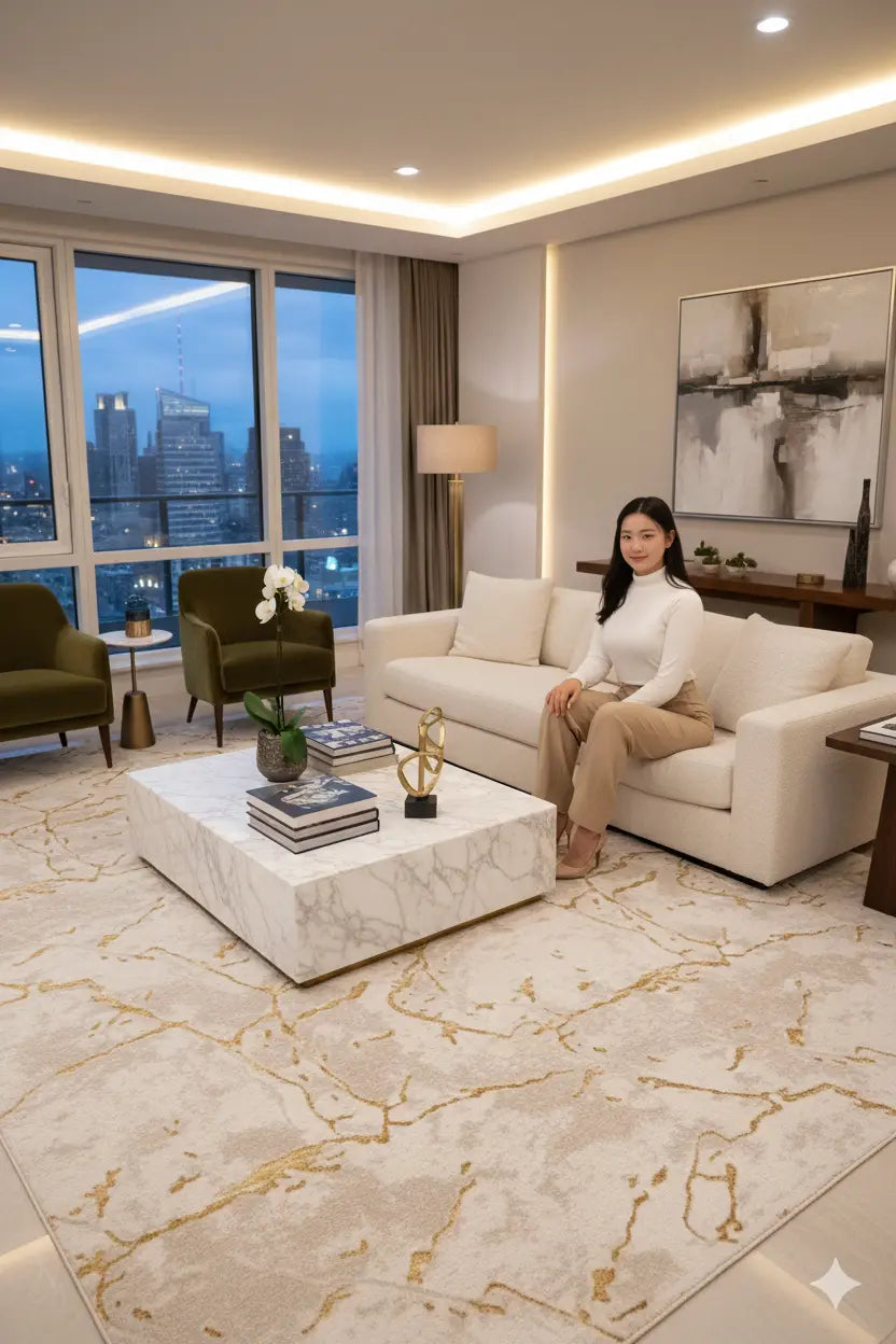 Gold Beige Abstract Luxury Premium Minimalist Modern Contemporary Living Room Bedroom Area Rug