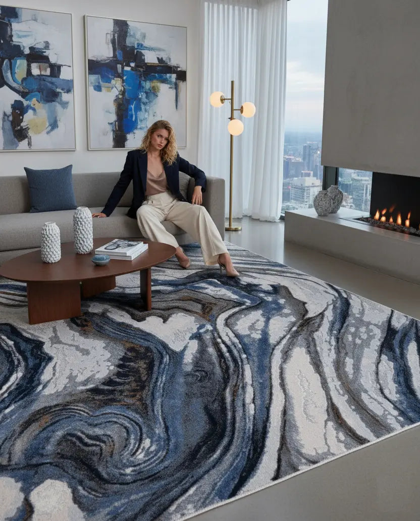 Blue Abstract Earth Living Room Bedroom Area Rug
