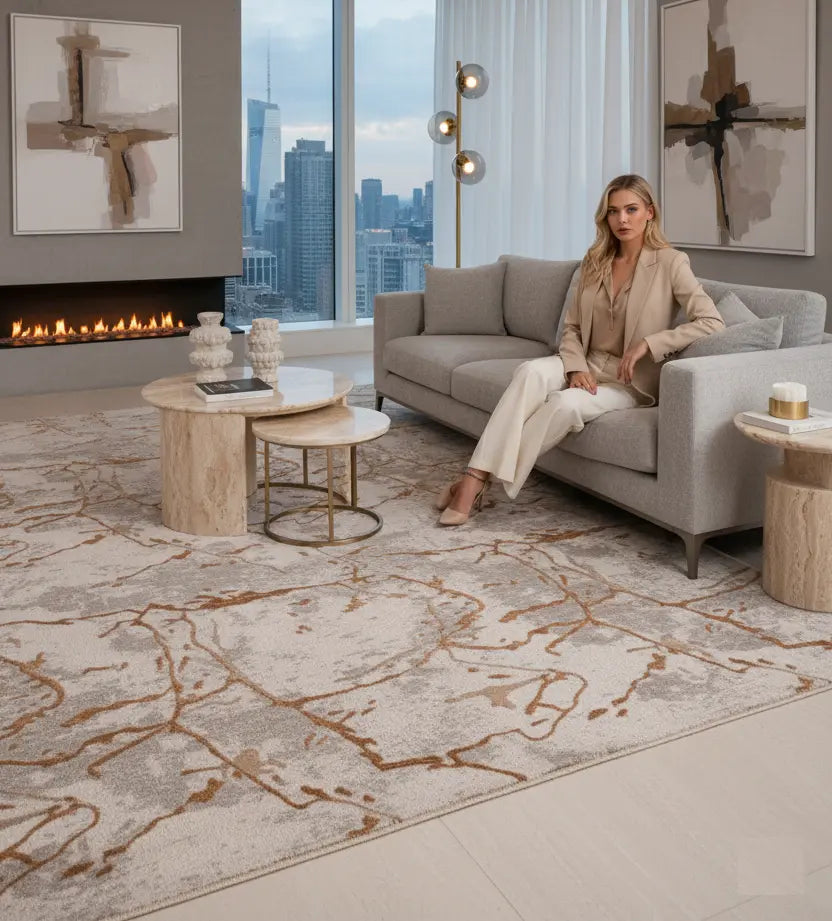 Copper Beige Luxury Abstract Living Room Bedroom Area Rug