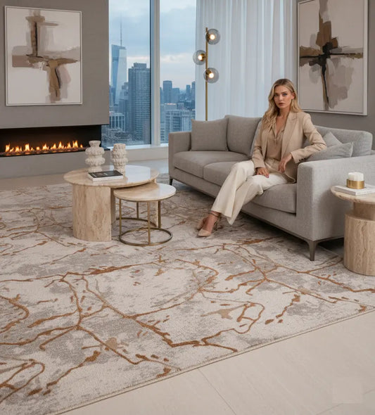 Copper Beige Luxury Abstract Living Room Bedroom Area Rug