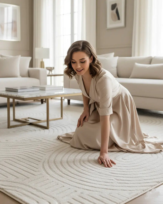 Beige Cream Textured Geometric Living Room Bedroom Area Rug