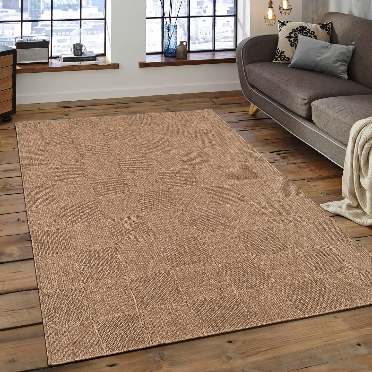 Beige Brown Tribal Checkered Living Room Bedroom Area Rug LaDole Rugs