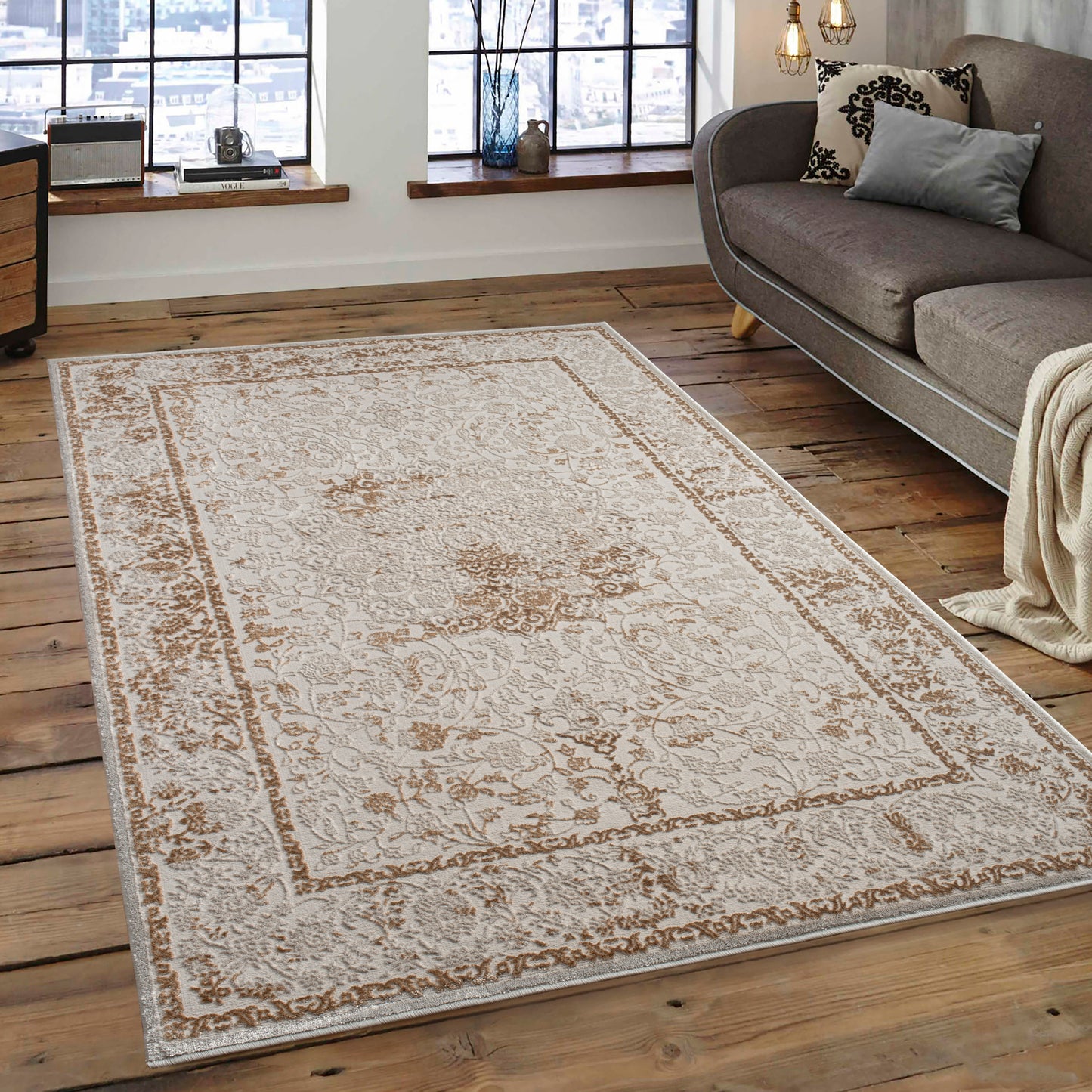 Beige Oriental Traditional Living Room Area Rug