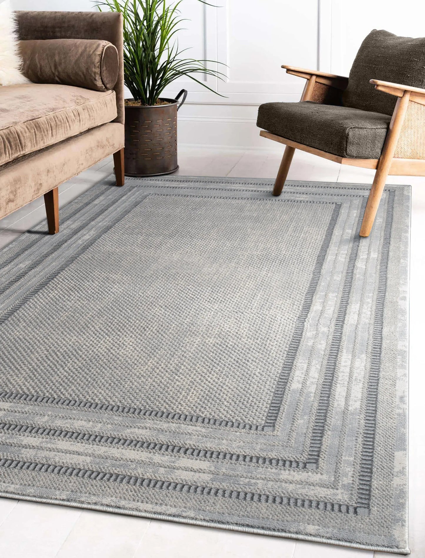Cream Beige Bordered Modern Living Room Area Rug LaDole Rugs