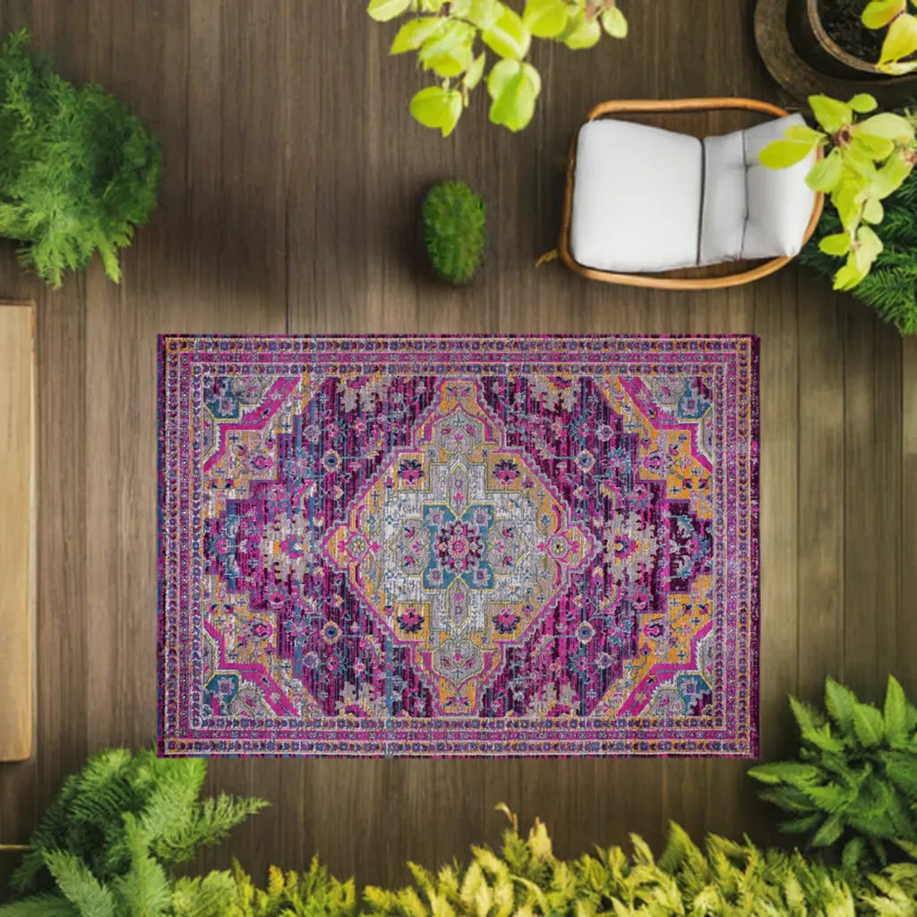 pink purple traditional indoor outdoor area rug for patio porch balcony 2x3 Doormat, Entrance, Balcony, Bathroom, Washroom