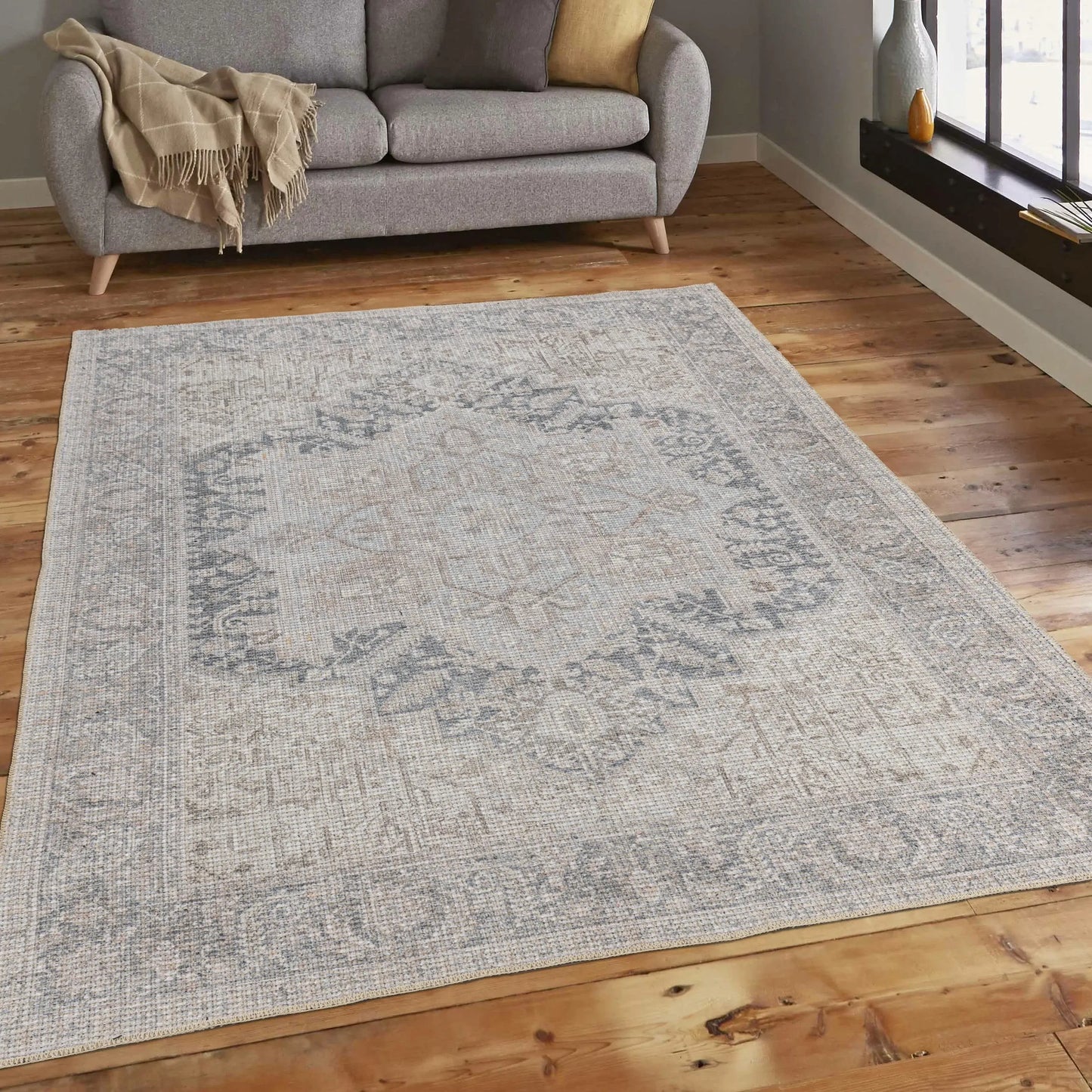 grey blue medallion cotton and polyster machine washable traditional rustic area rug 6x8, 6x9 ft Living Room, Bedroom, Dining Area, Kitchen Carpet