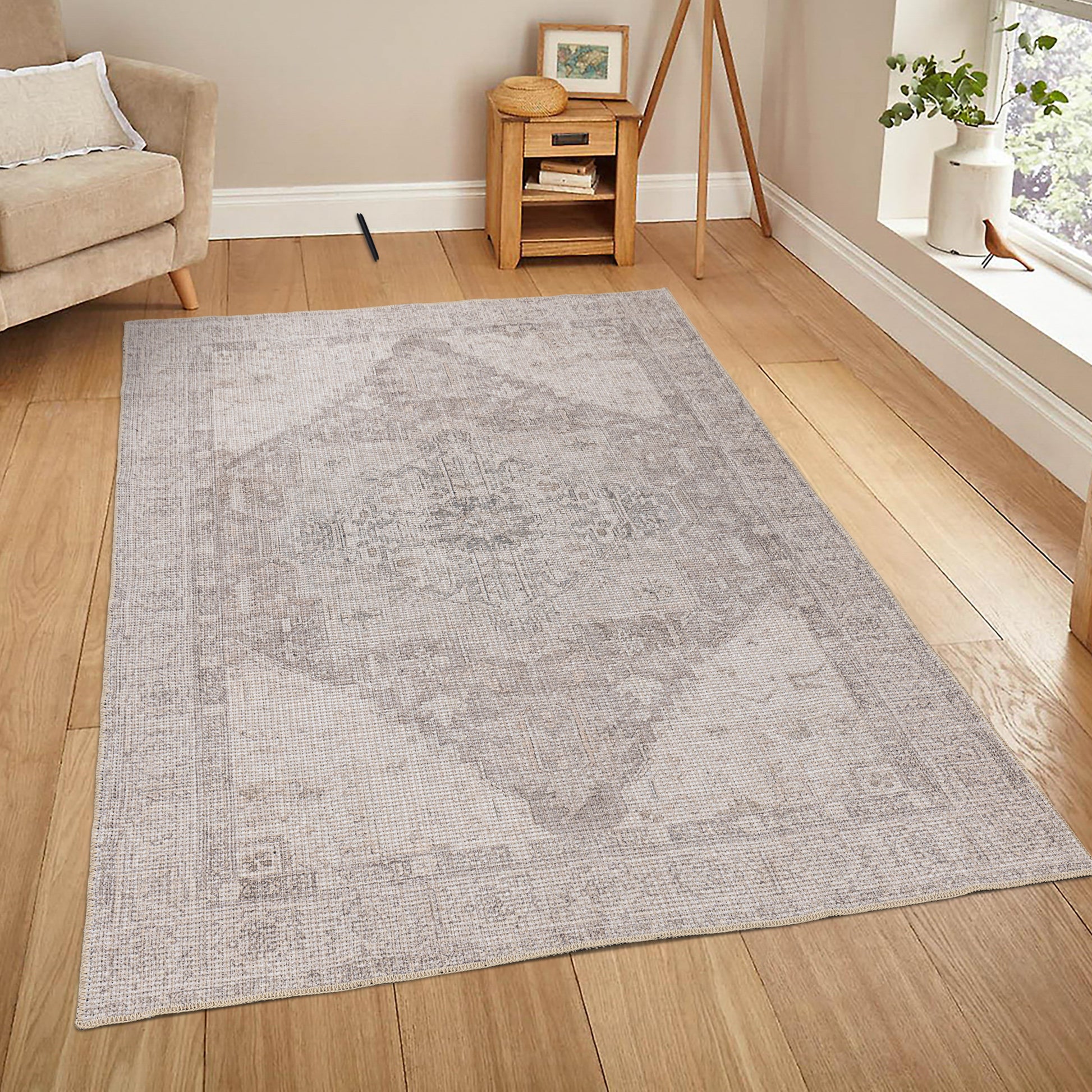 ivory bordered cotton and polyster machine washable traditional rustic area rug 5x7, 5x8 ft Contemporary, Living Room Carpet, Bedroom, Home Office