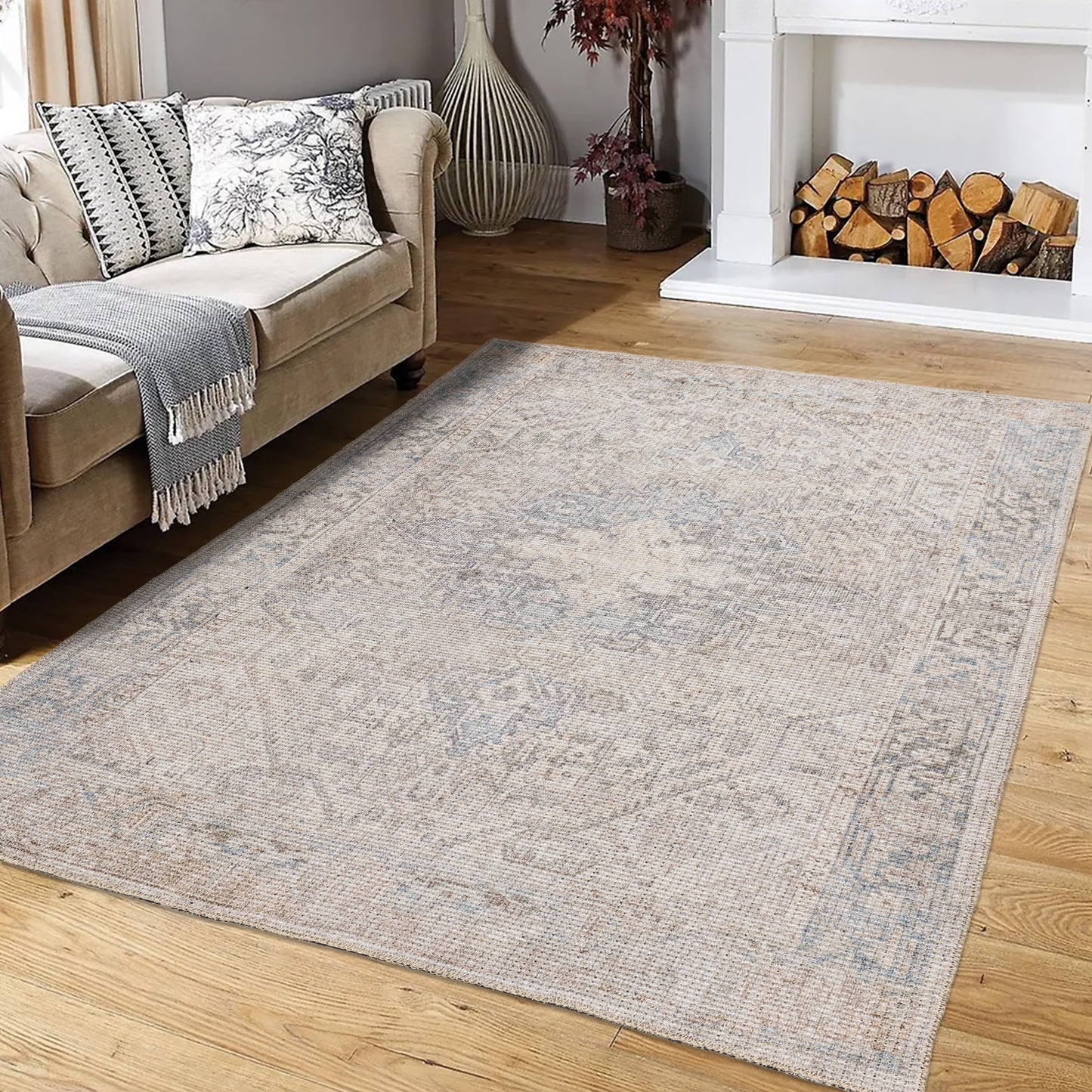 grey ivory cotton and polyster machine washable traditional rustic area rug 6x8, 6x9 ft Living Room, Bedroom, Dining Area, Kitchen Carpet