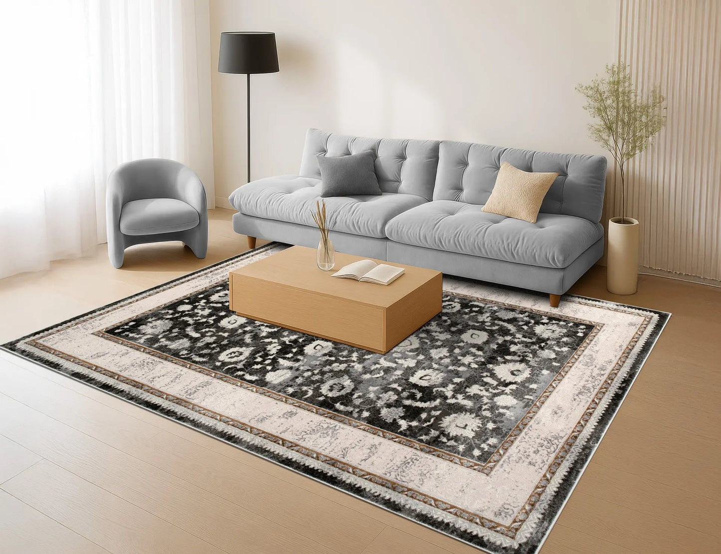 Dark Grey Ivory Traditional Bordered Living Room Bedroom Area Rug LaDole Rugs