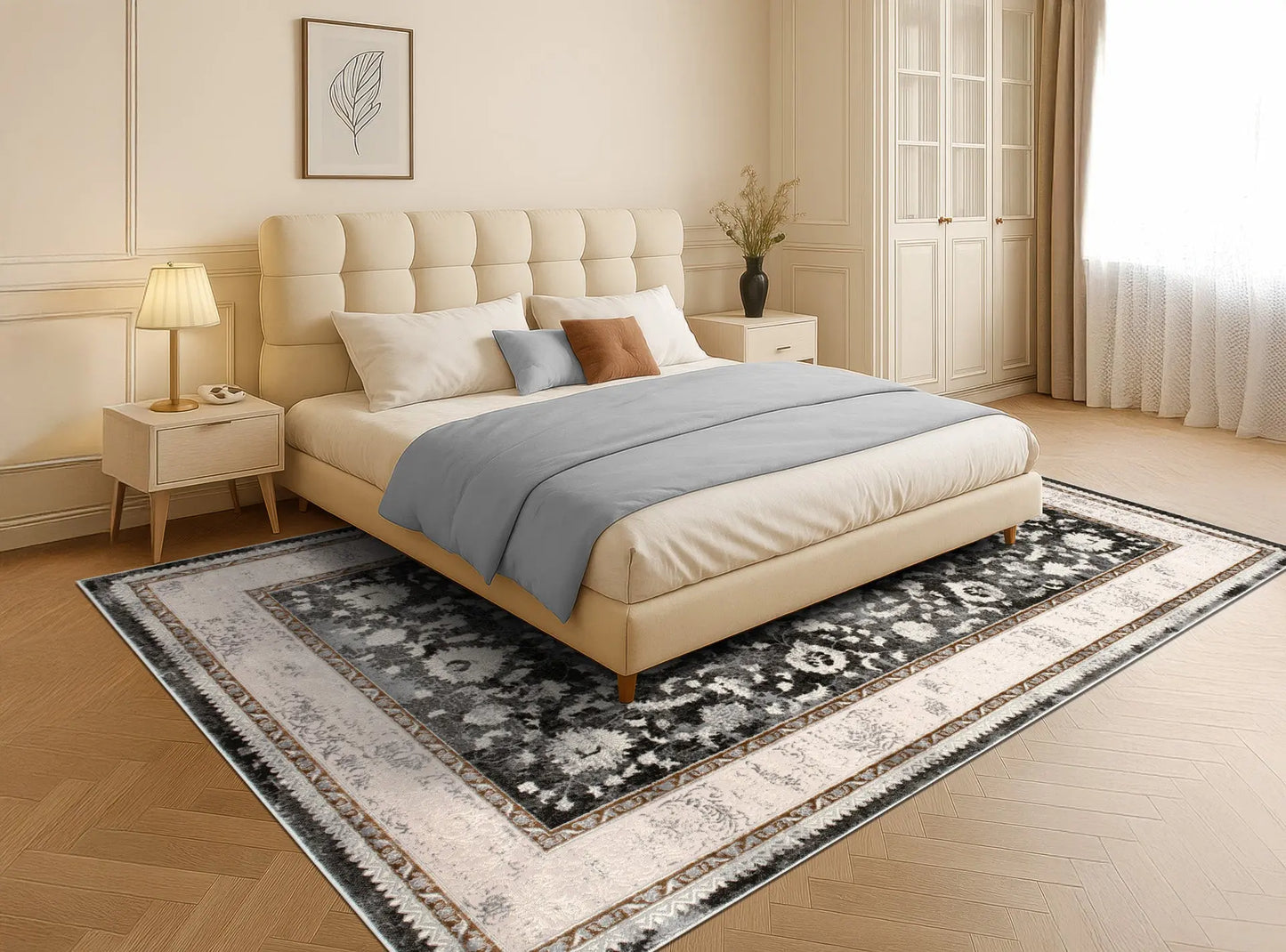 Dark Grey Ivory Traditional Bordered Living Room Bedroom Area Rug LaDole Rugs