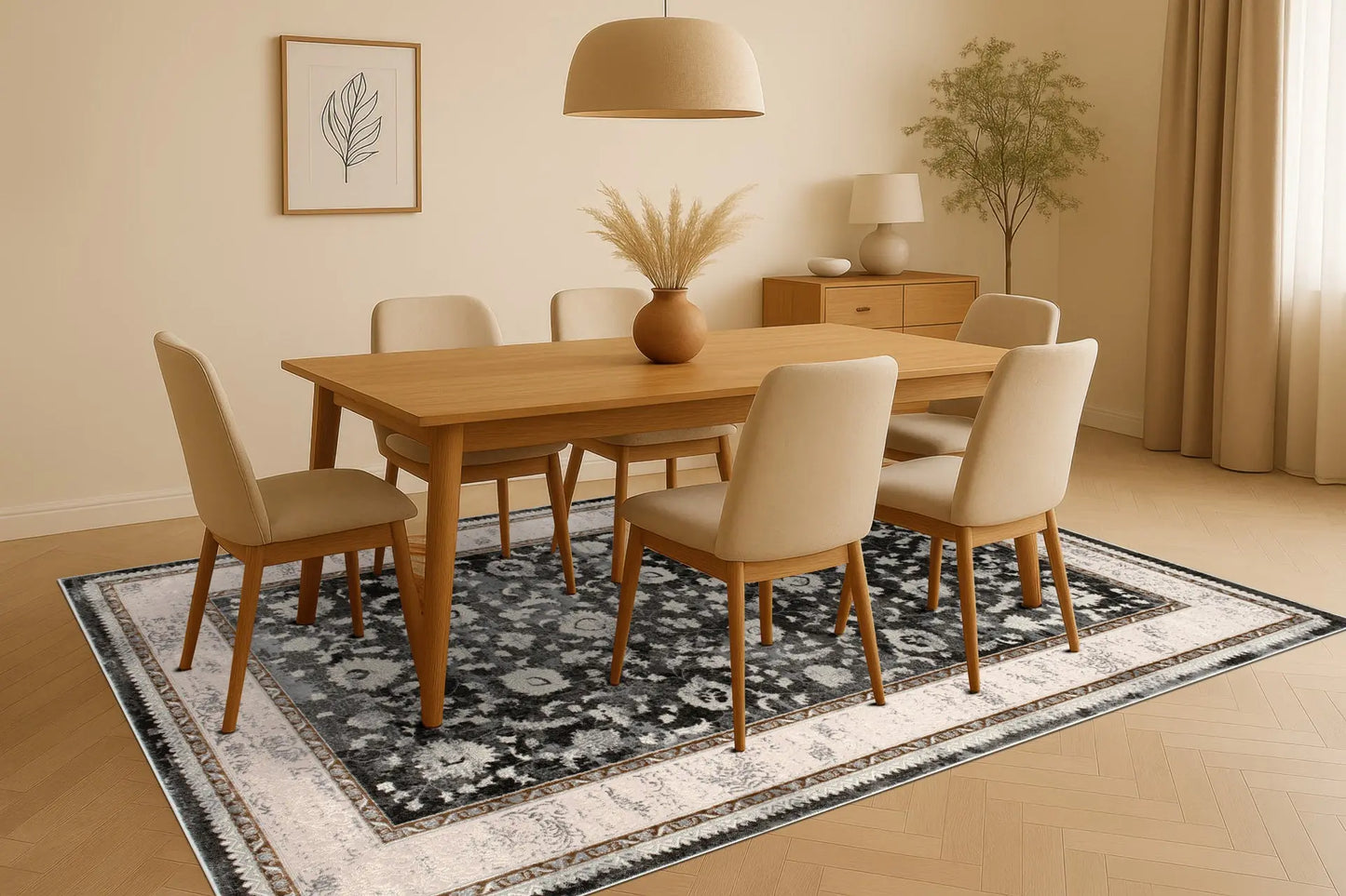 Dark Grey Ivory Traditional Bordered Living Room Bedroom Area Rug LaDole Rugs