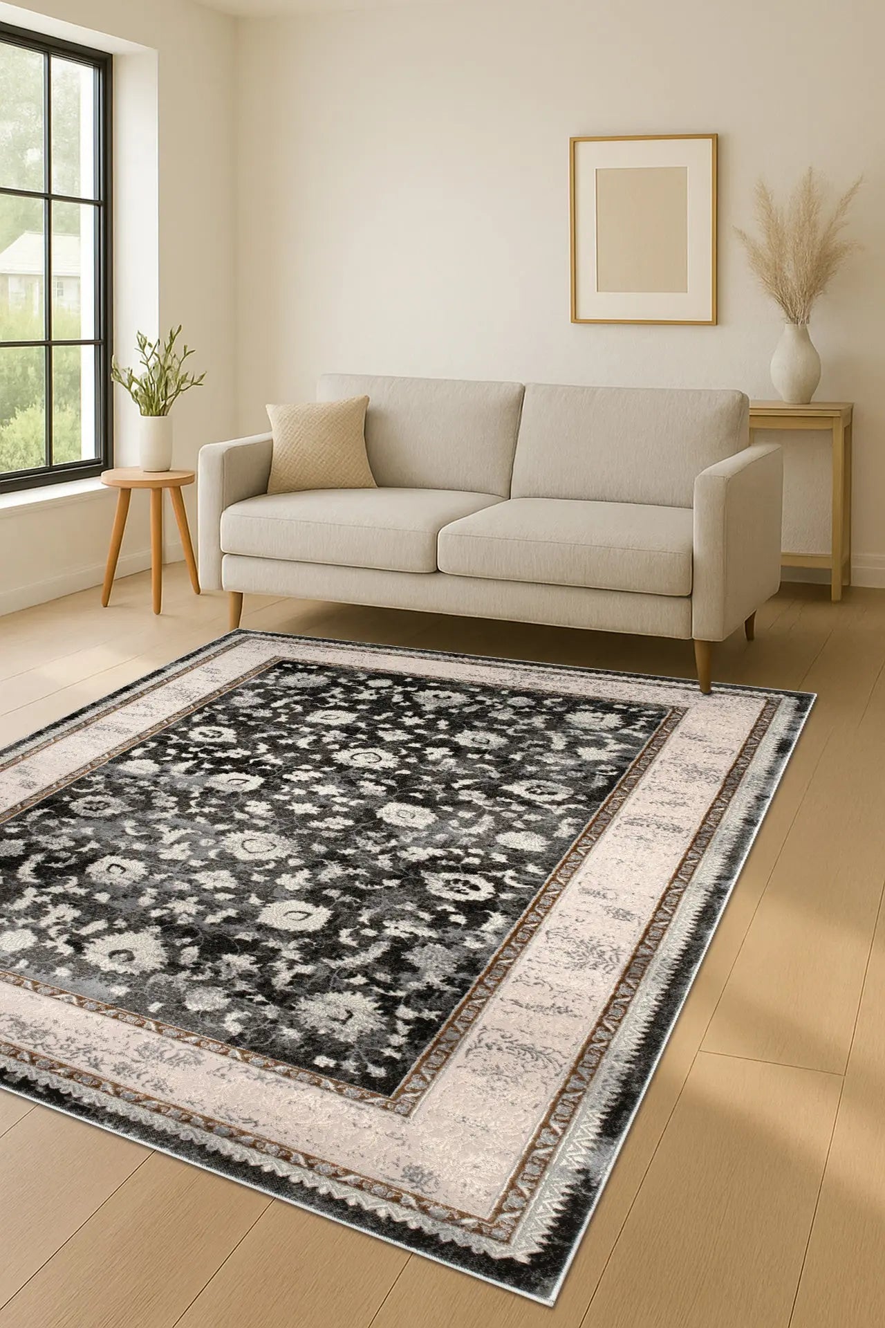 Dark Grey Ivory Traditional Bordered Living Room Bedroom Area Rug LaDole Rugs