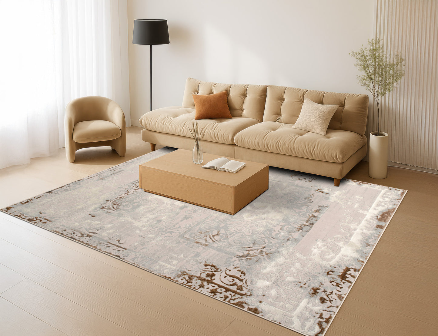Beige Ivory Traditional Bordered Living Room Bedroom Area Rug