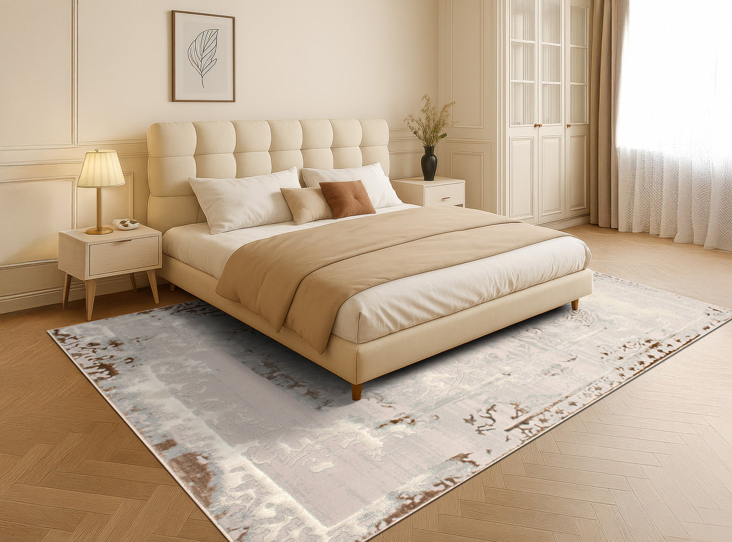 Beige Ivory Traditional Bordered Living Room Bedroom Area Rug