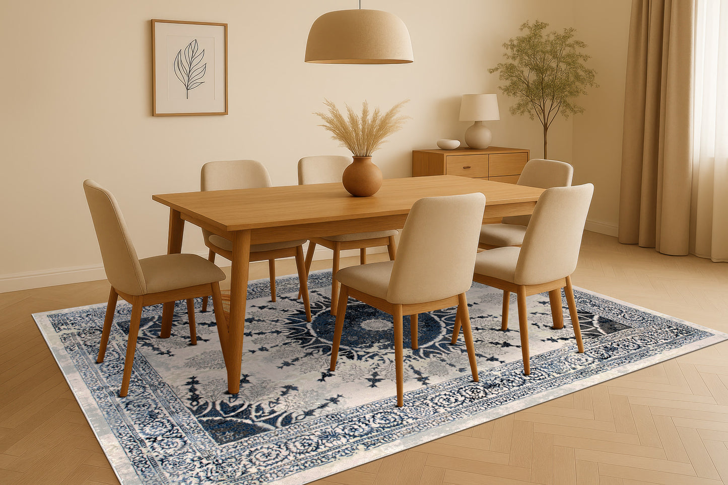 Blue Grey Ivory Traditional Bordered Living Room Bedroom Area Rug