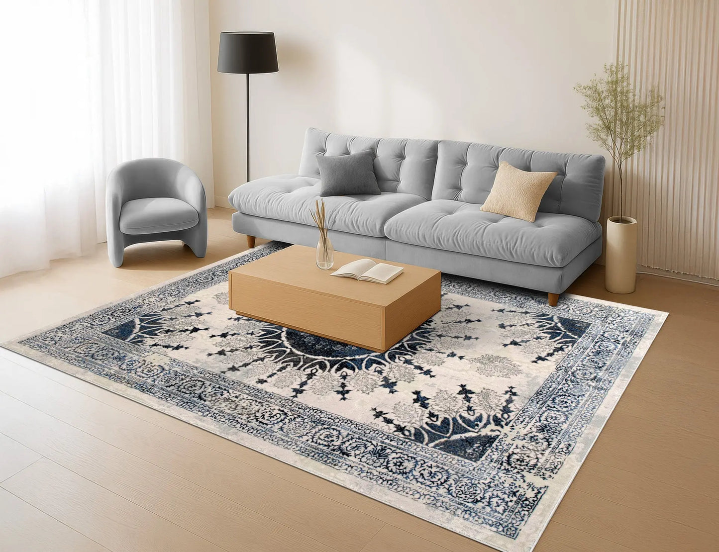 Blue Grey Ivory Traditional Bordered Living Room Bedroom Area Rug LaDole Rugs