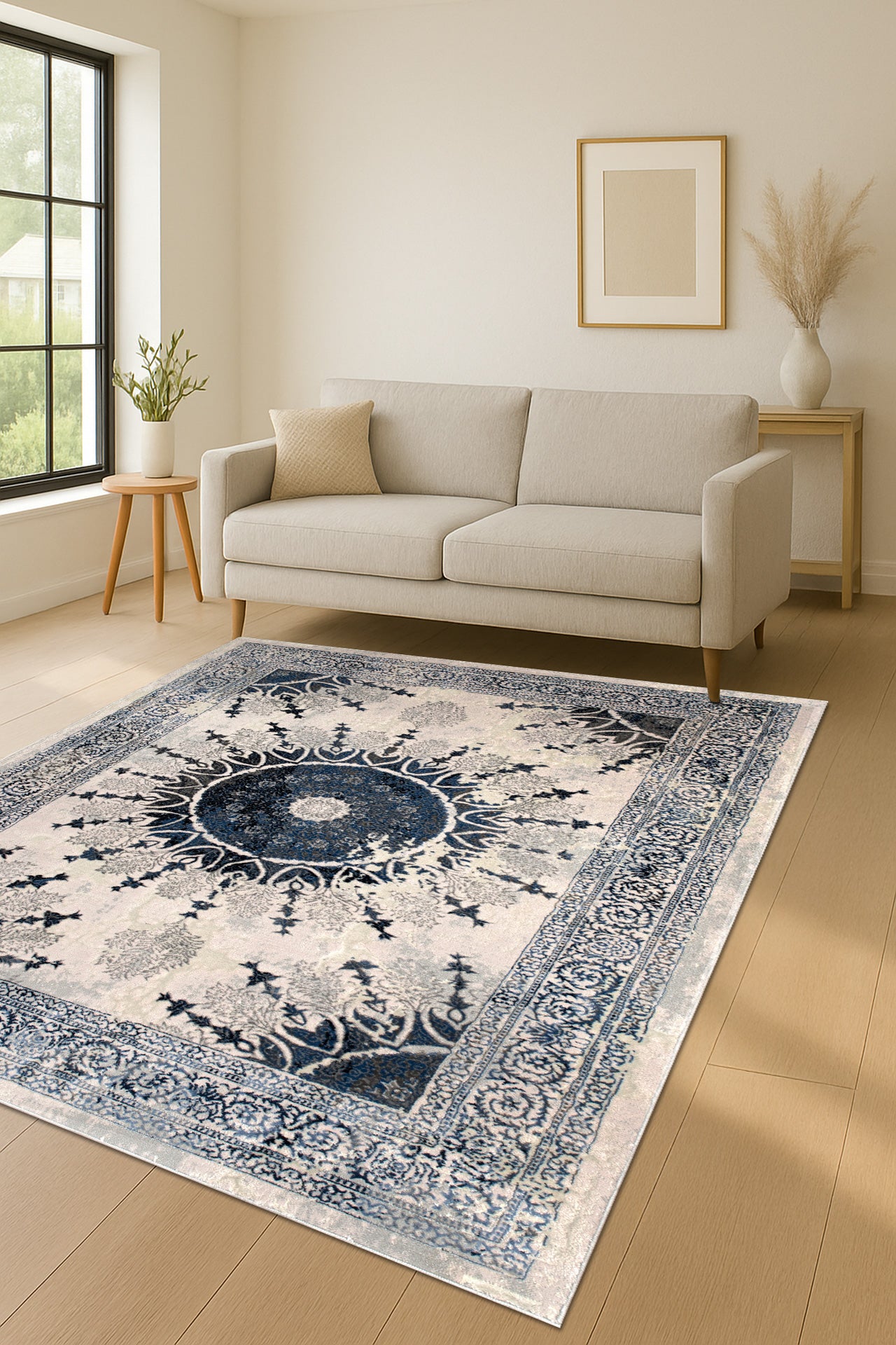 Blue Grey Ivory Traditional Bordered Living Room Bedroom Area Rug