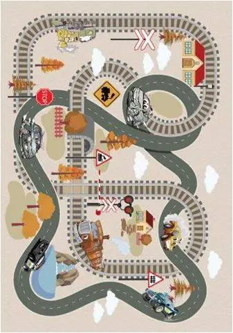 Beige Train Tracks Flatweave Play Area Rug - Ladolerugsca