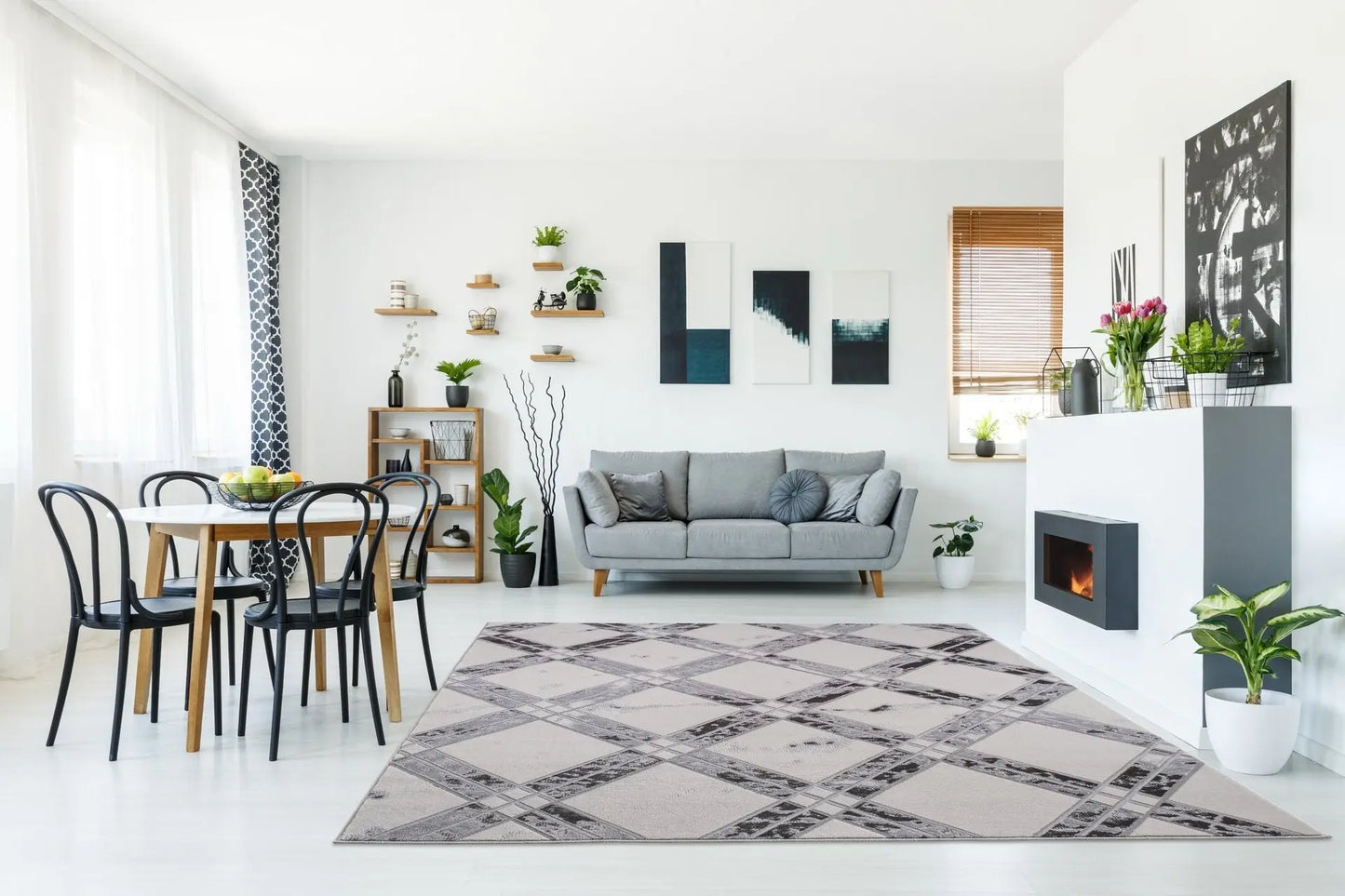 Barrington Ivory Grey Checks Pattern Area Rug - Ladolerugsca