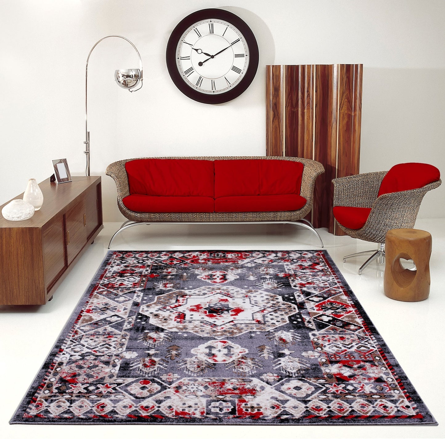 Athens Red Gray Geometric Traditional Area Rug - Ladolerugsca