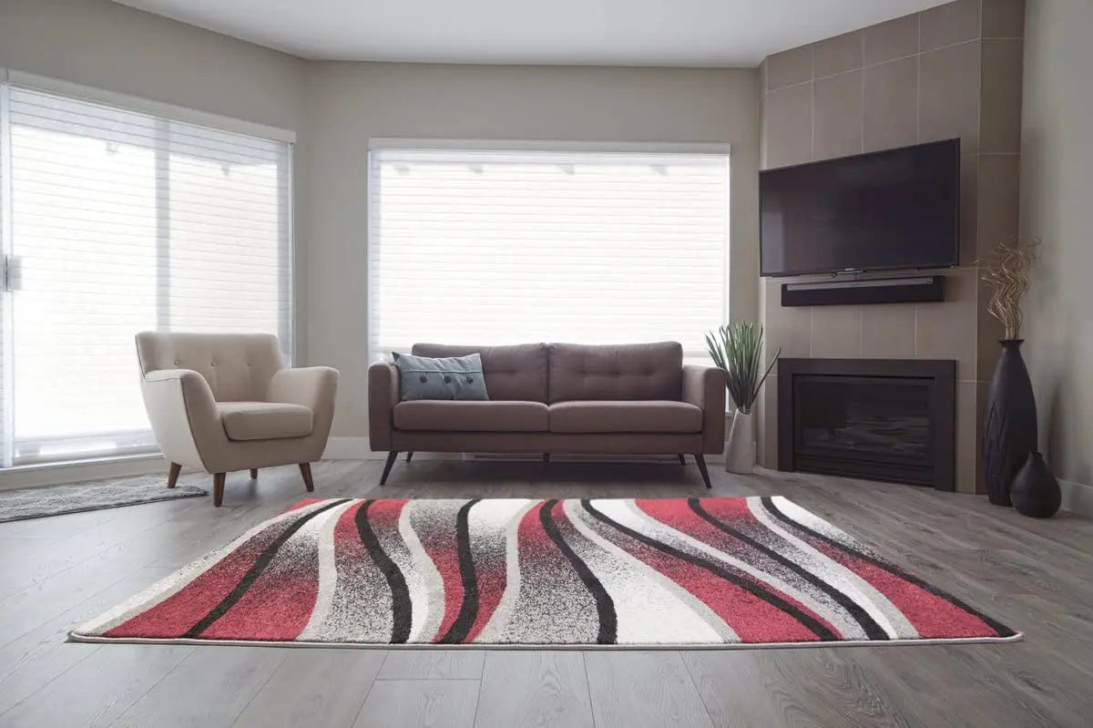 Ivory Red Gray Waves Area Rug - Ladolerugsca