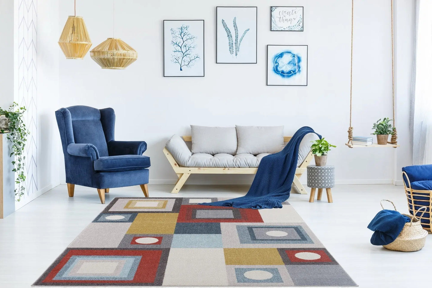 Ayala Bohemian Squares and Multicolor Round Carpet