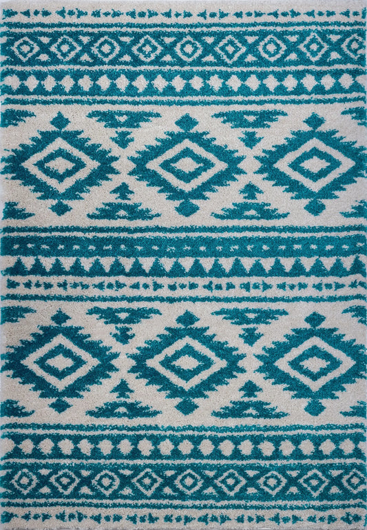 Damask Trellis Turquoise Ivory Shaggy Area Rug -