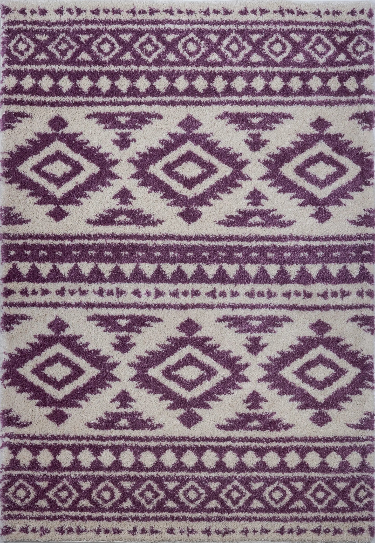 Damask Trellis Ivory Berry Purple Shaggy Area Rug -