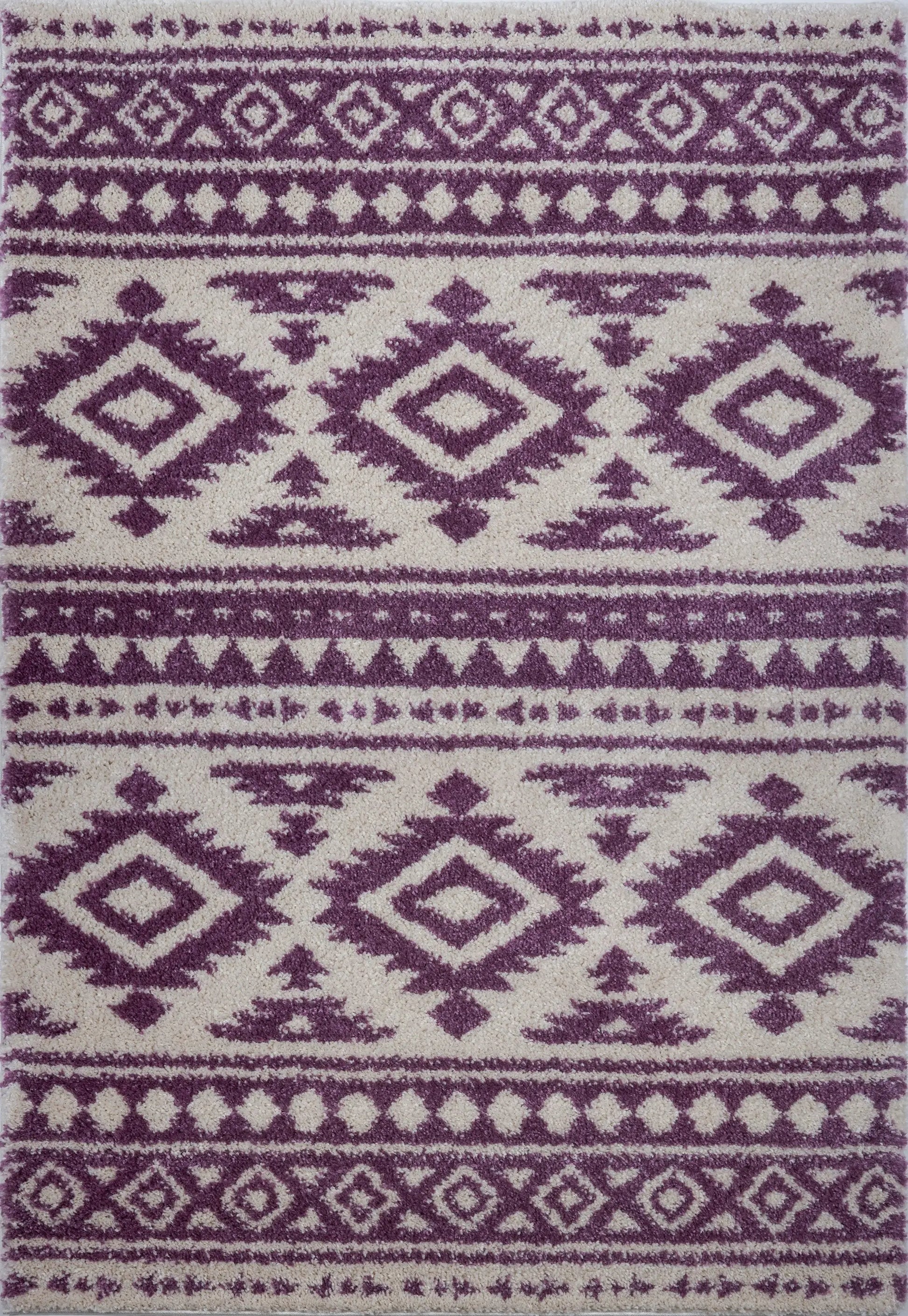 Damask Trellis Ivory Berry Purple Shaggy Area Rug -