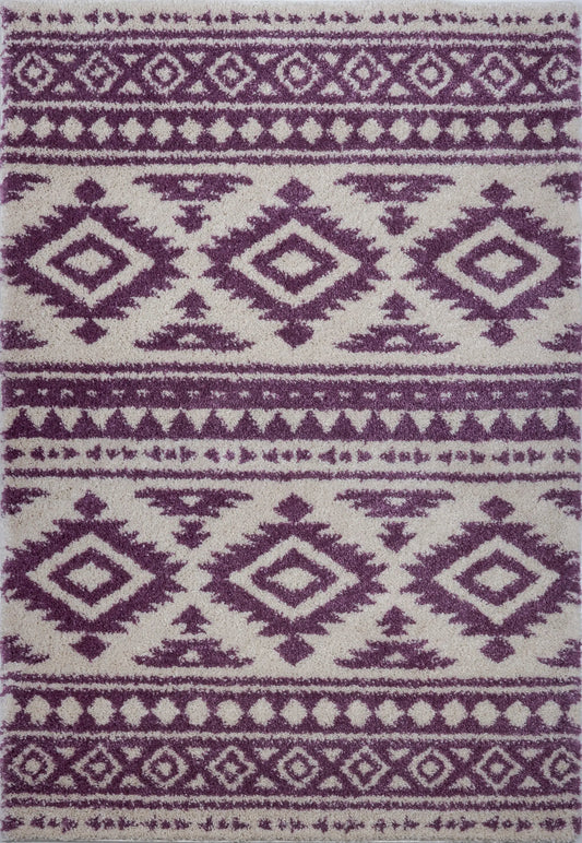 Damask Trellis Ivory Berry Purple Shaggy Area Rug -