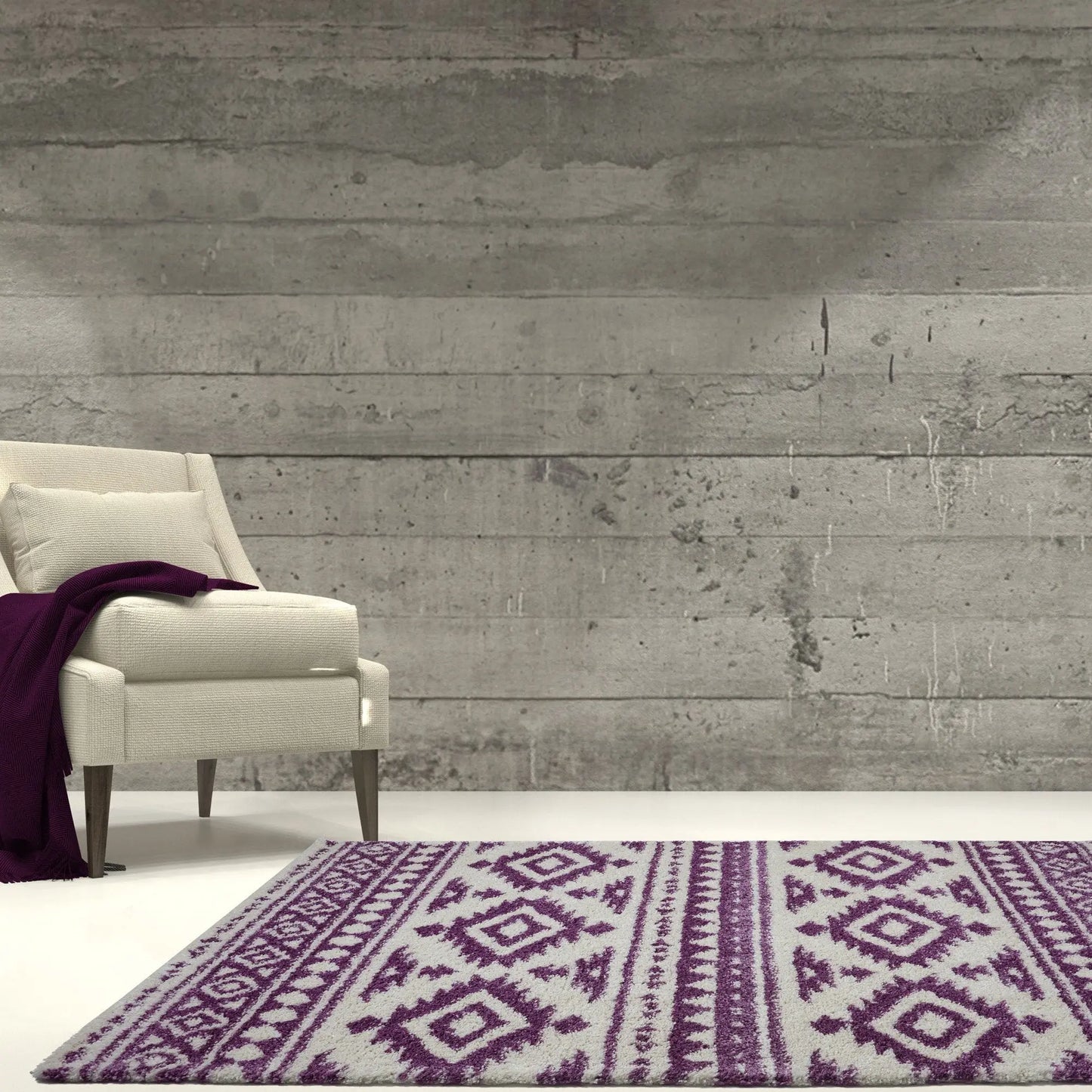 Damask Trellis Ivory Berry Purple Shaggy Area Rug -