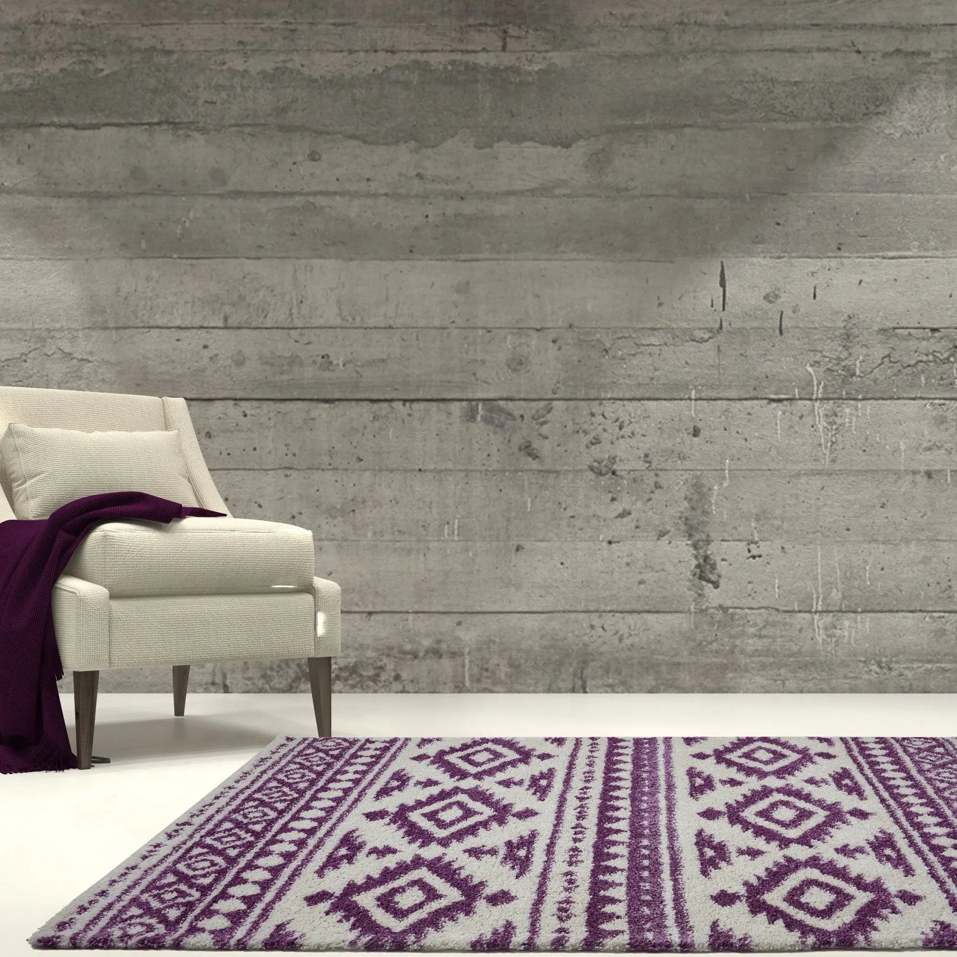 Damask Trellis Ivory Berry Purple Shaggy Area Rug -