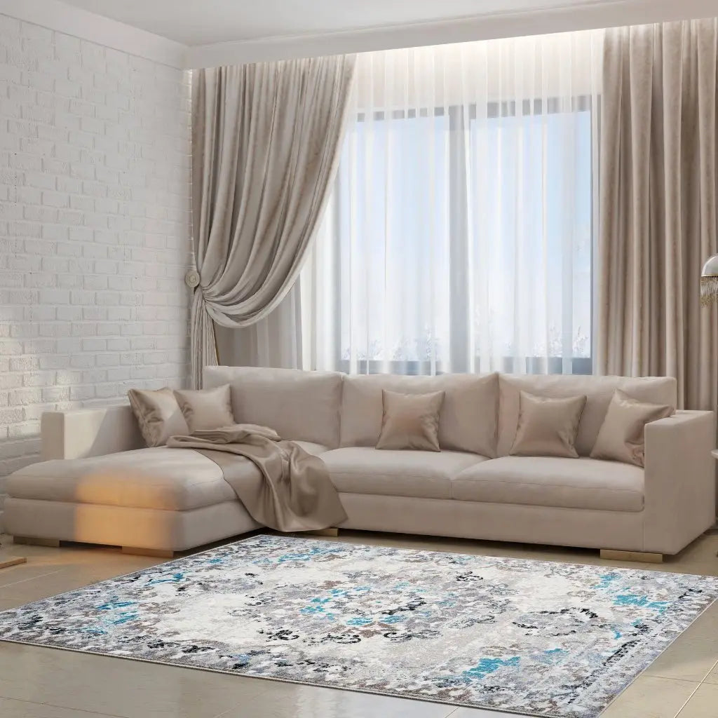 Grayton Cream Beige Turquoise Area Rug -