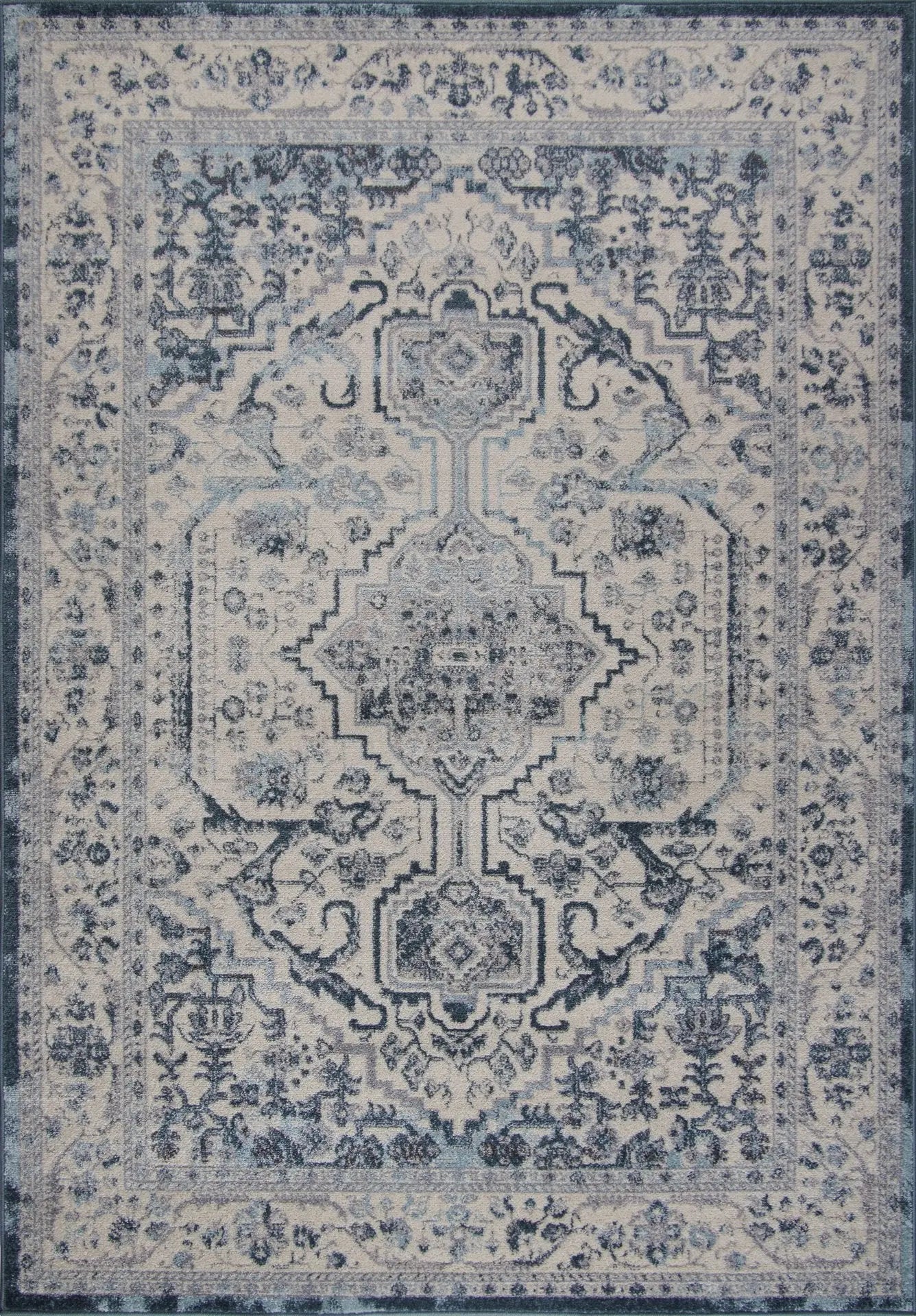 Goldline Cream Ivory Blue Bordered Persian Style Rug
